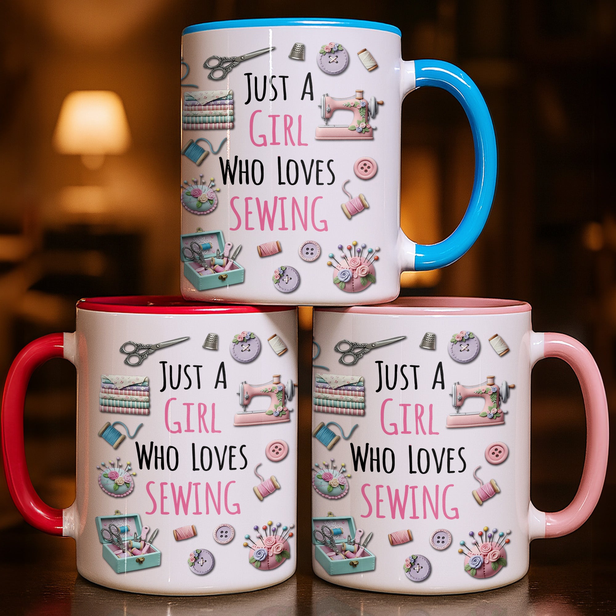 Personalized Just A Girl Who Loves Sewing With Scissors And Buttons Accent Mug Gift For Sewists - Image 2