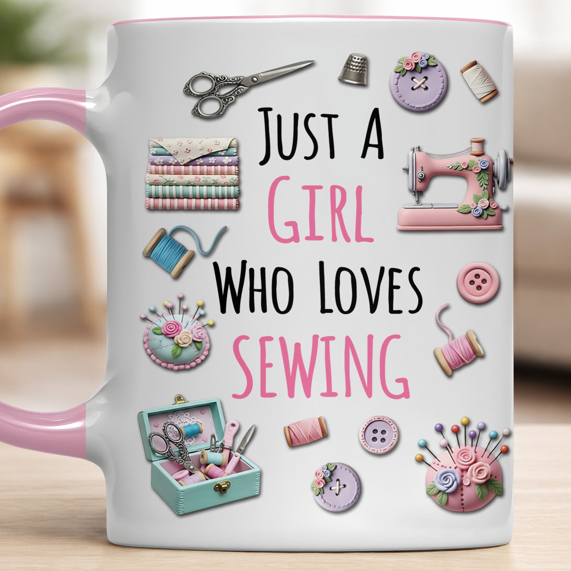 Personalized Just A Girl Who Loves Sewing With Scissors And Buttons Accent Mug Gift For Sewists - Image 4