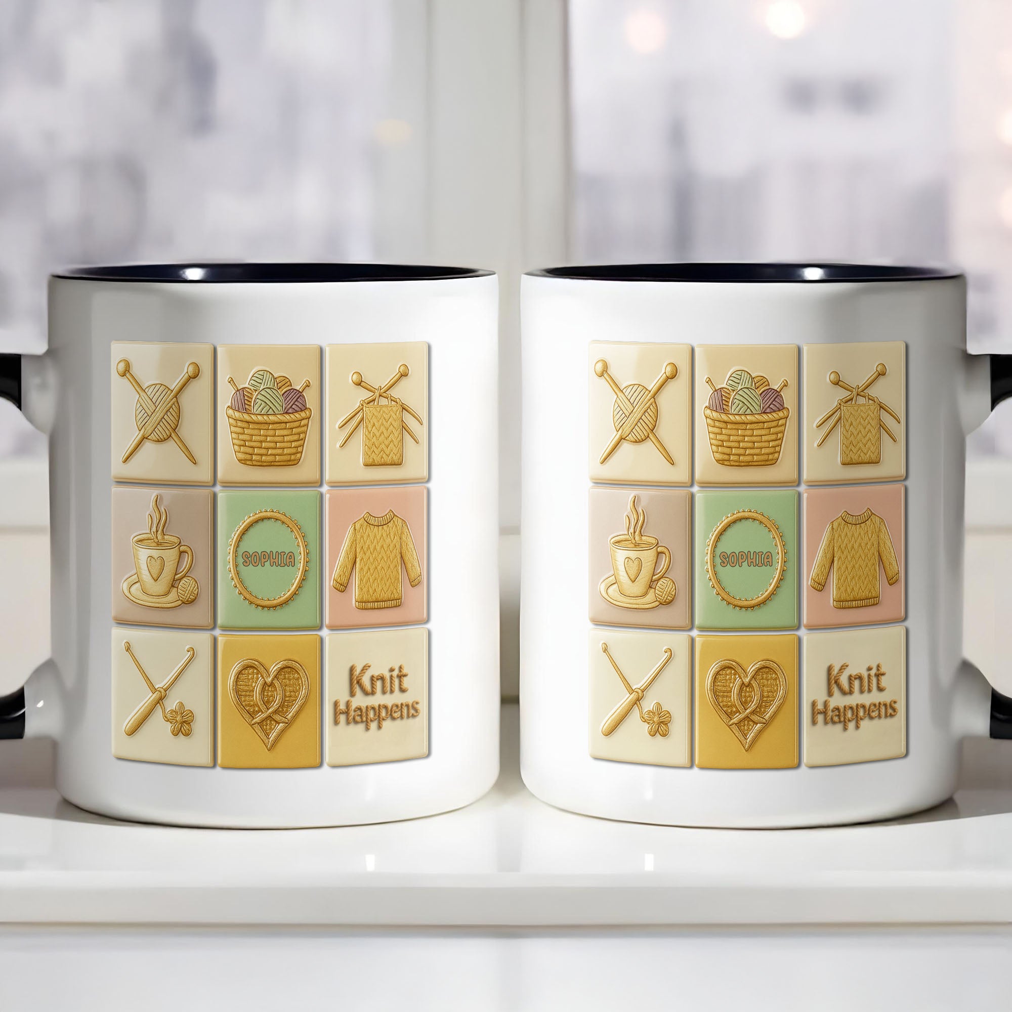 Personalized Knit Happens With Knitting Needles And Yarn Basket Accent Mug Gift For Crocheter