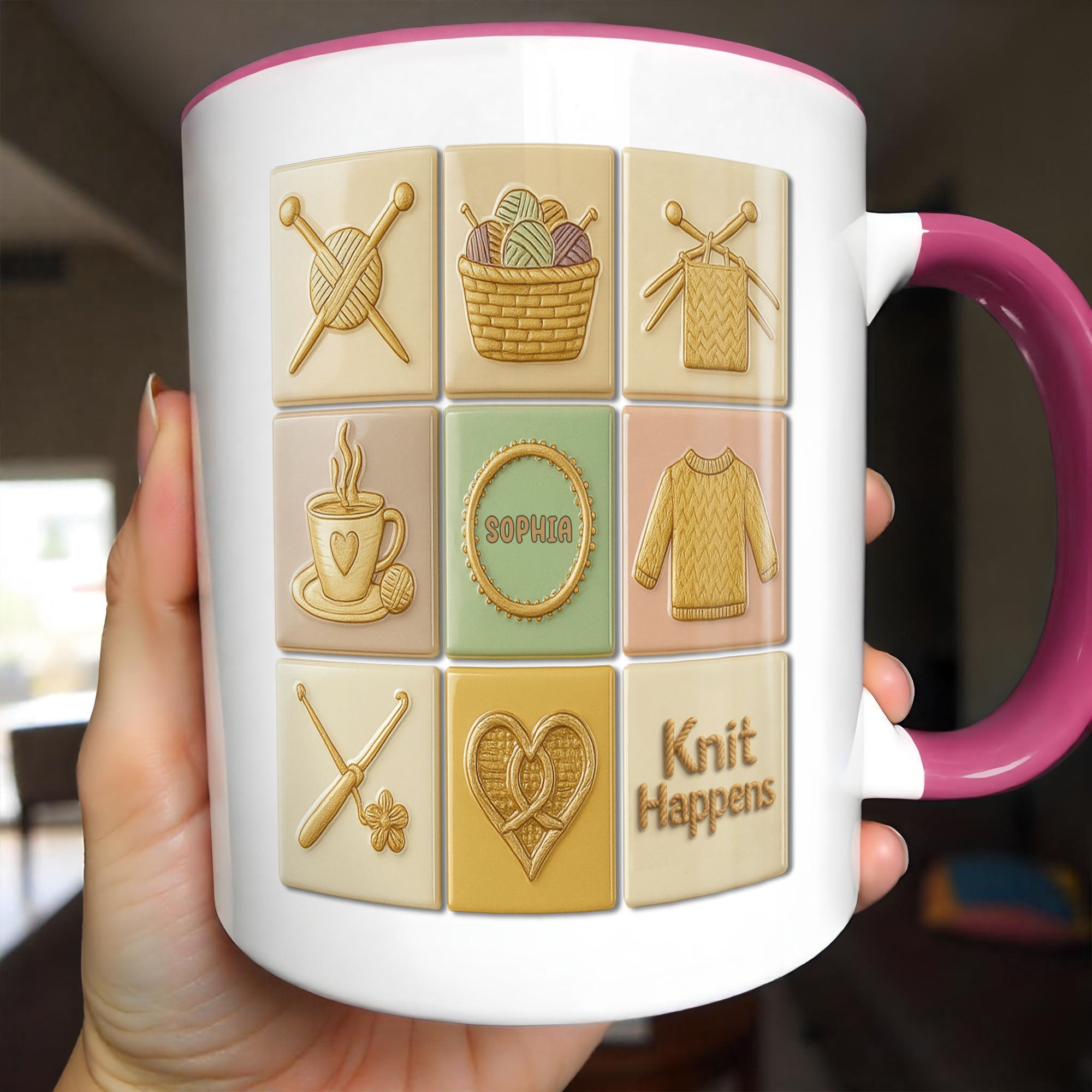 Personalized Knit Happens With Knitting Needles And Yarn Basket Accent Mug Gift For Crocheter - Image 2