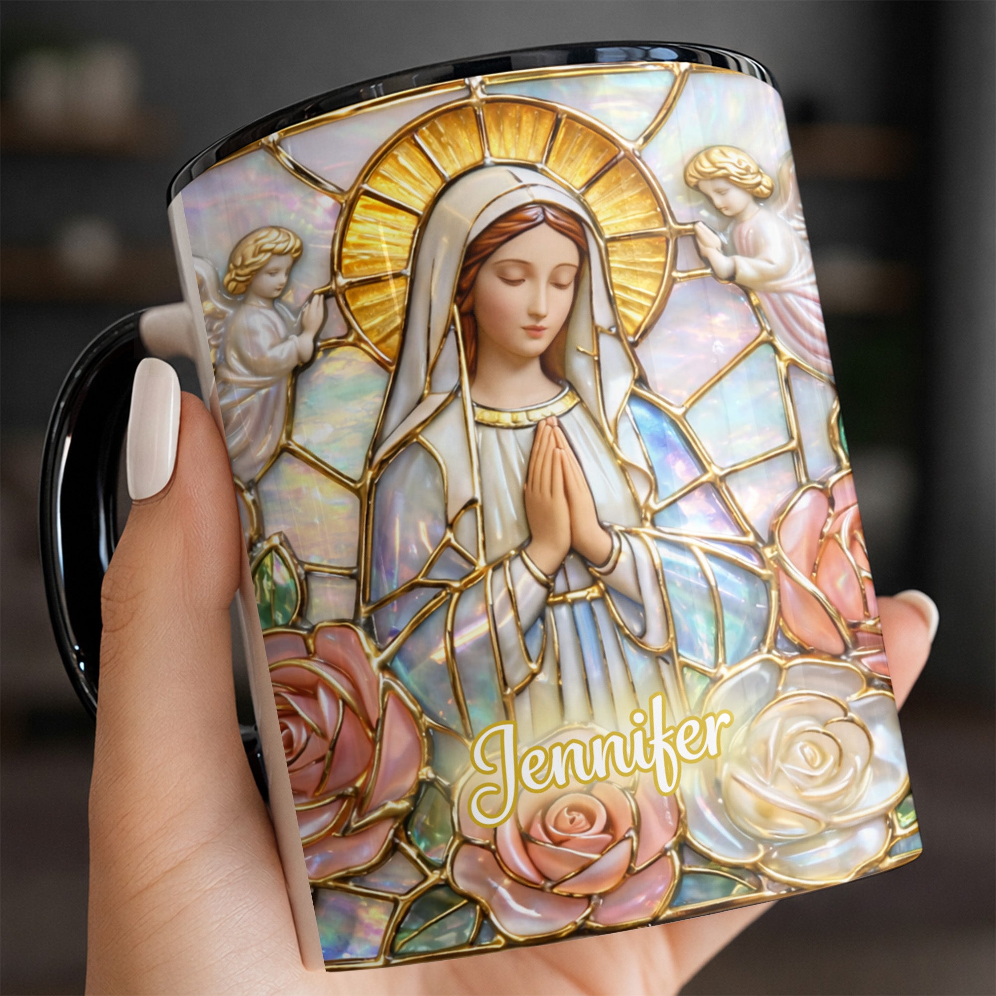 Personalized Madonna Stained Glass And Roses Accent Mug Religious Gifts Ideas - Image 5