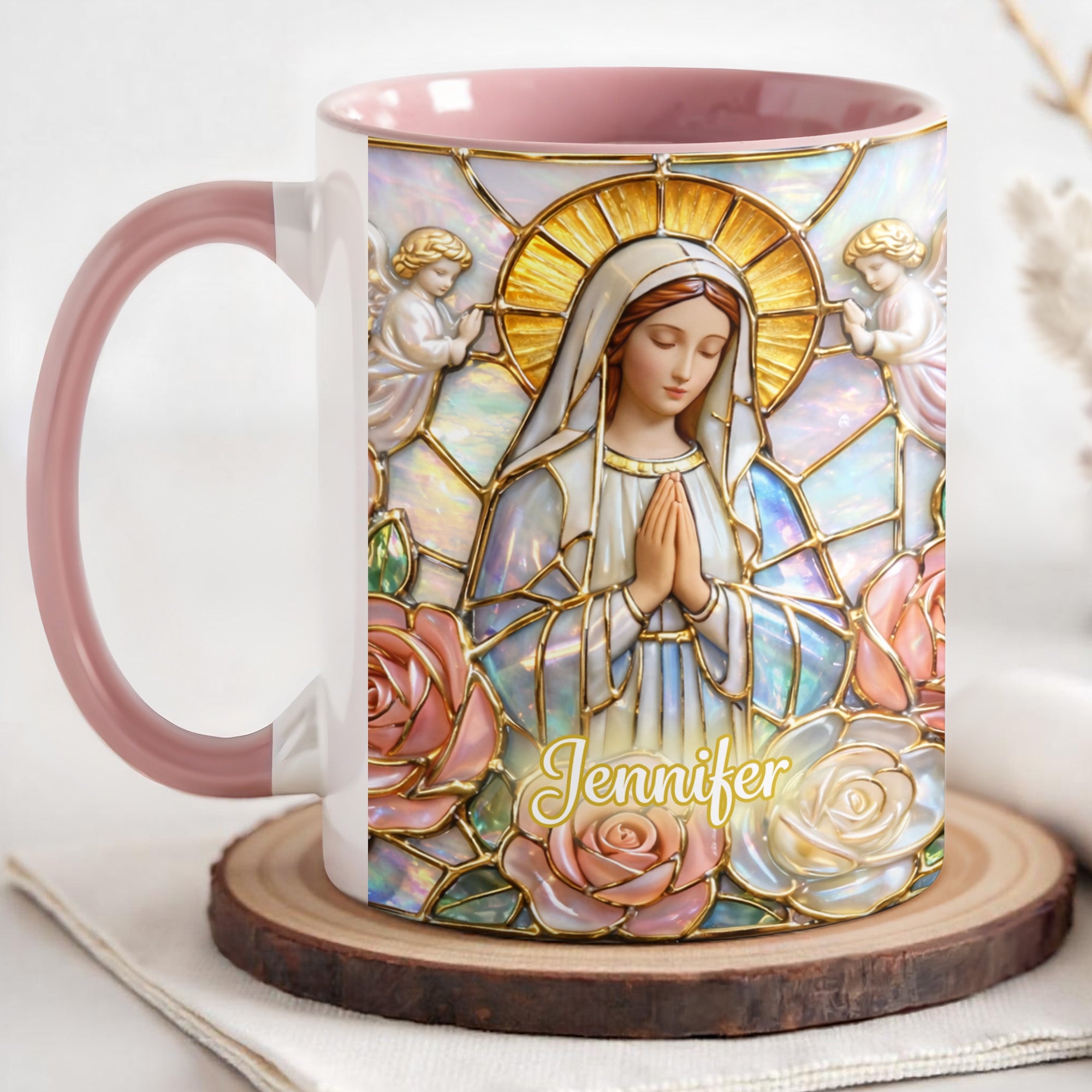 Personalized Madonna Stained Glass And Roses Accent Mug Religious Gifts Ideas - Image 3