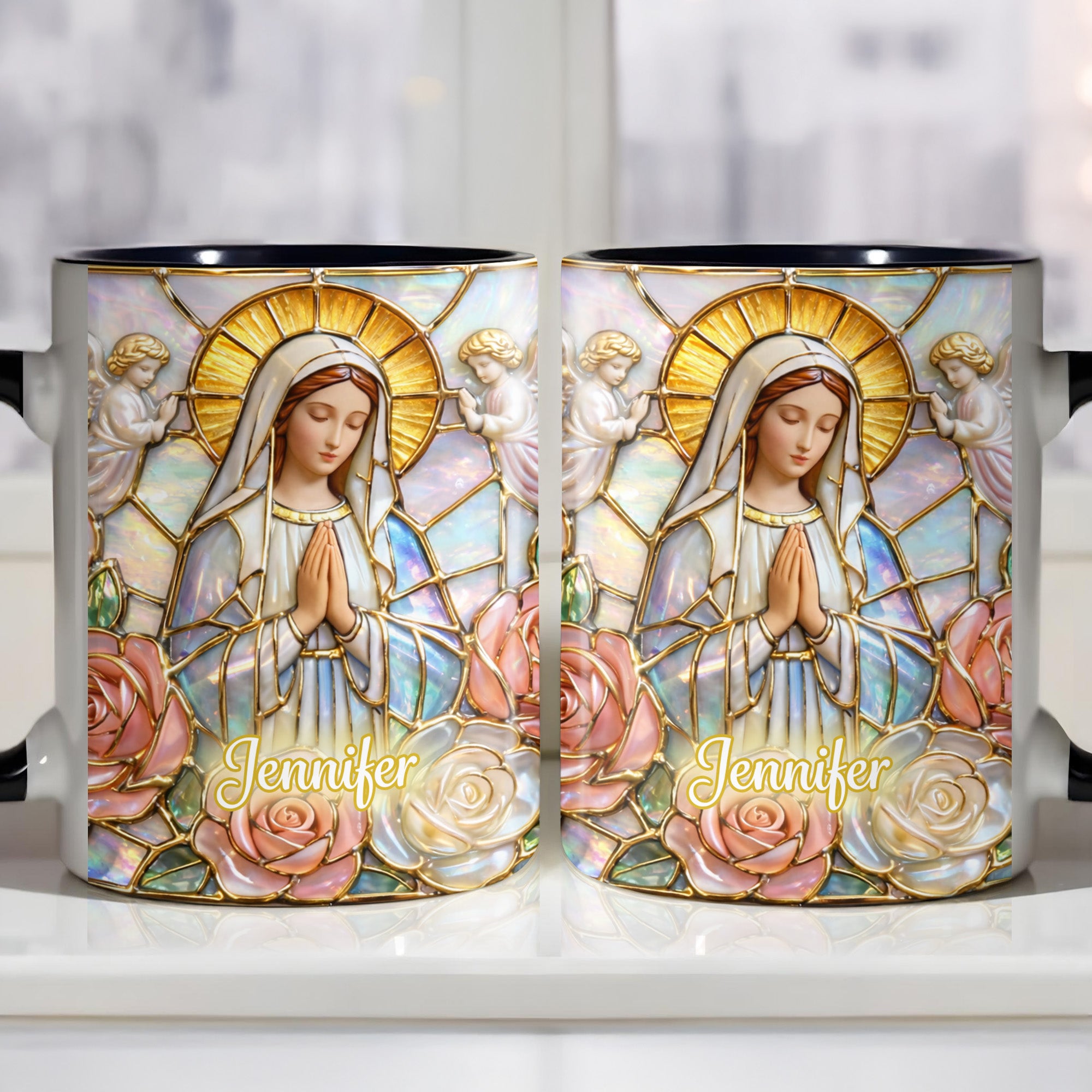 Personalized Madonna Stained Glass And Roses Accent Mug Religious Gifts Ideas