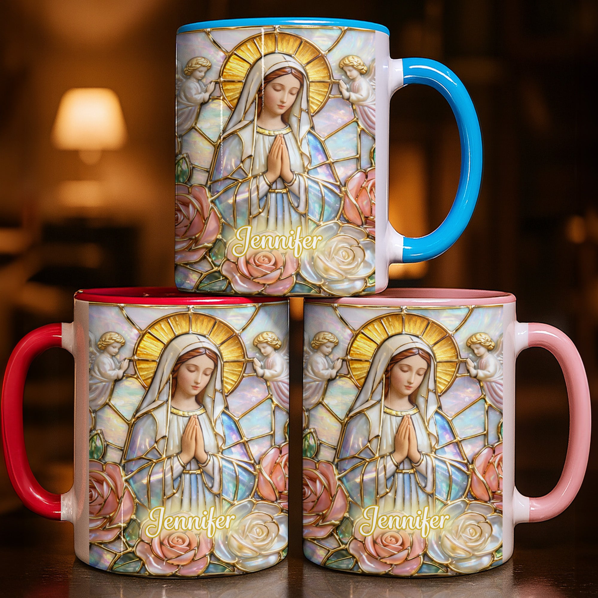 Personalized Madonna Stained Glass And Roses Accent Mug Religious Gifts Ideas - Image 2
