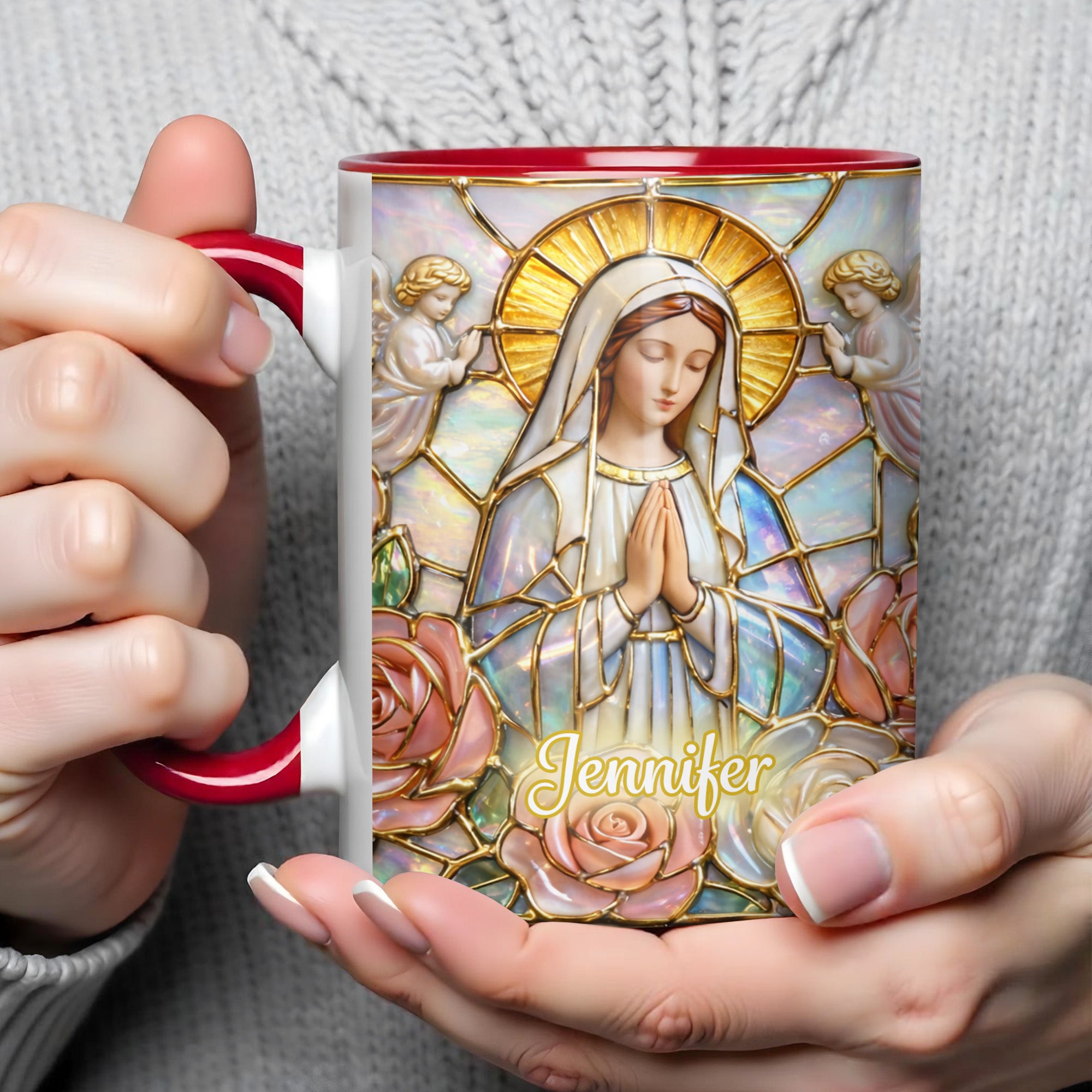 Personalized Madonna Stained Glass And Roses Accent Mug Religious Gifts Ideas - Image 4