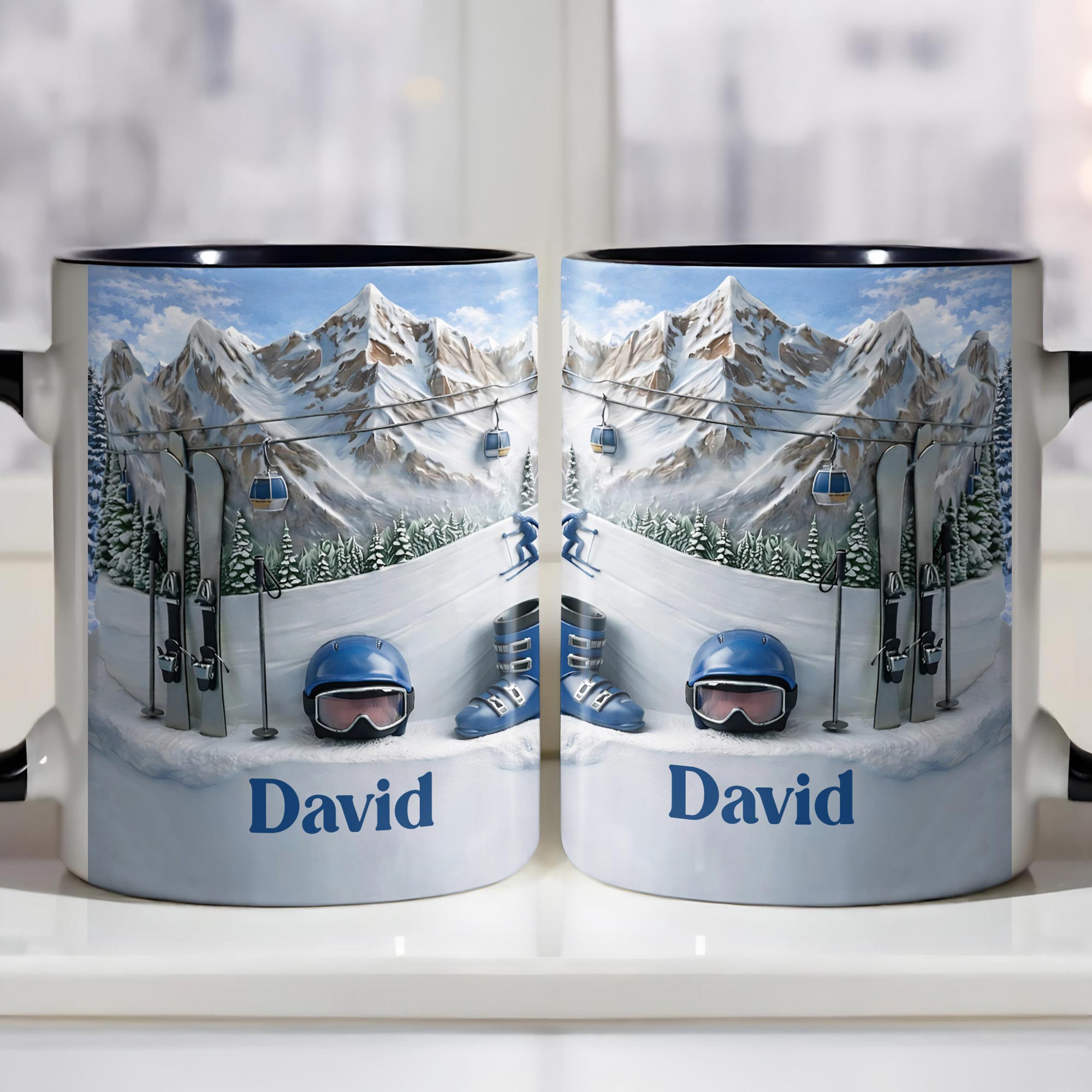 Personalized Mountains And Ski Lift Accent Mug Best Gifts For Skiing Lovers