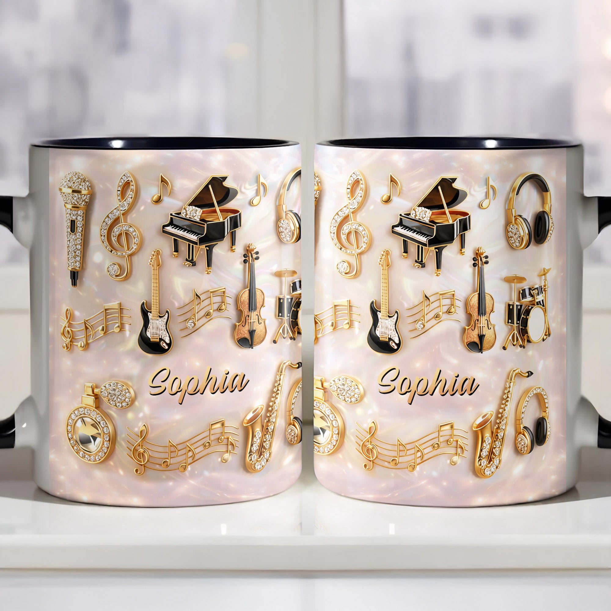 Personalized Music And Golden Melodies Piano Violin Guitar Accent Mug Gifts For Music Lovers