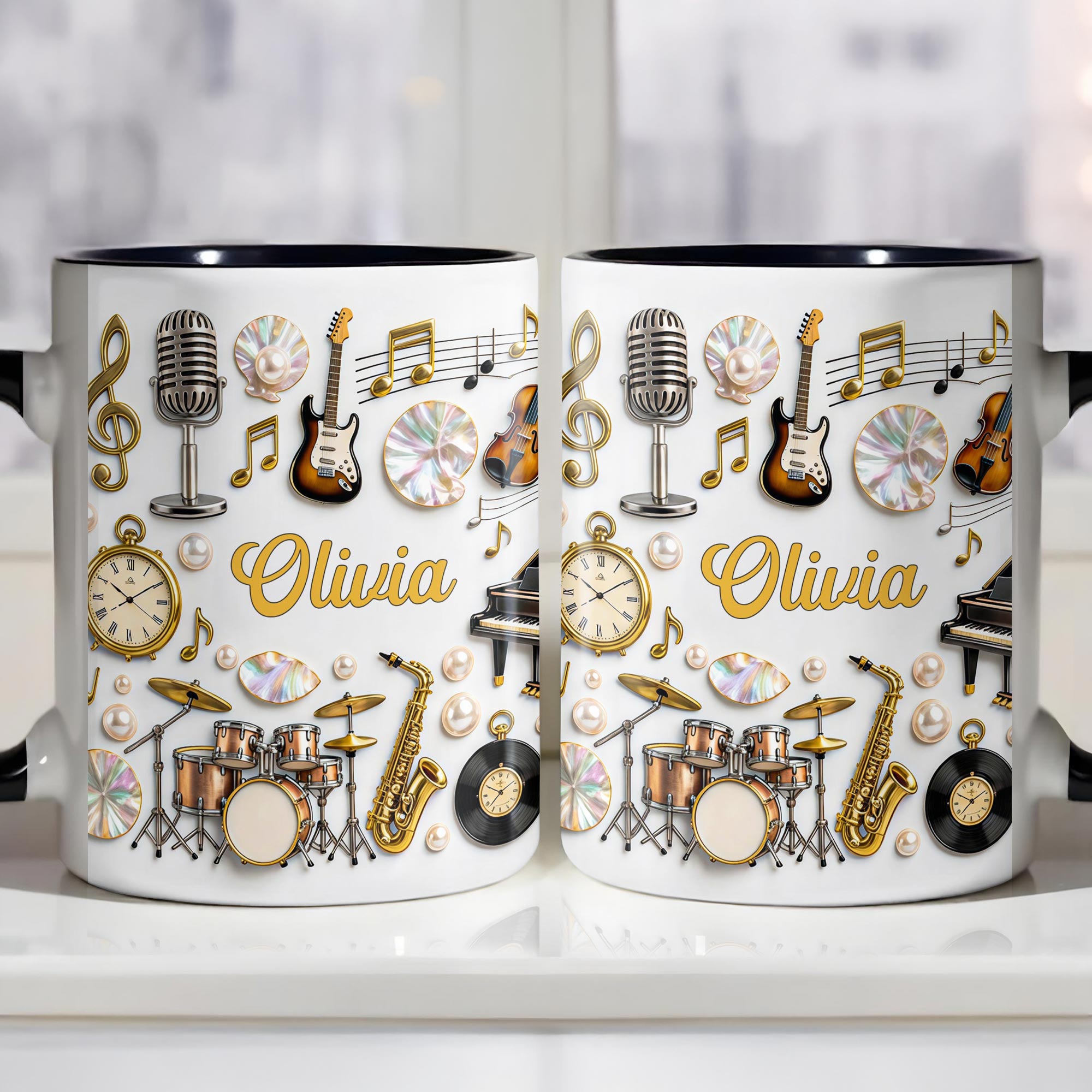 Personalized Music Notes Guitar Drums And Saxophone Accent Mug Gifts For Music Lovers