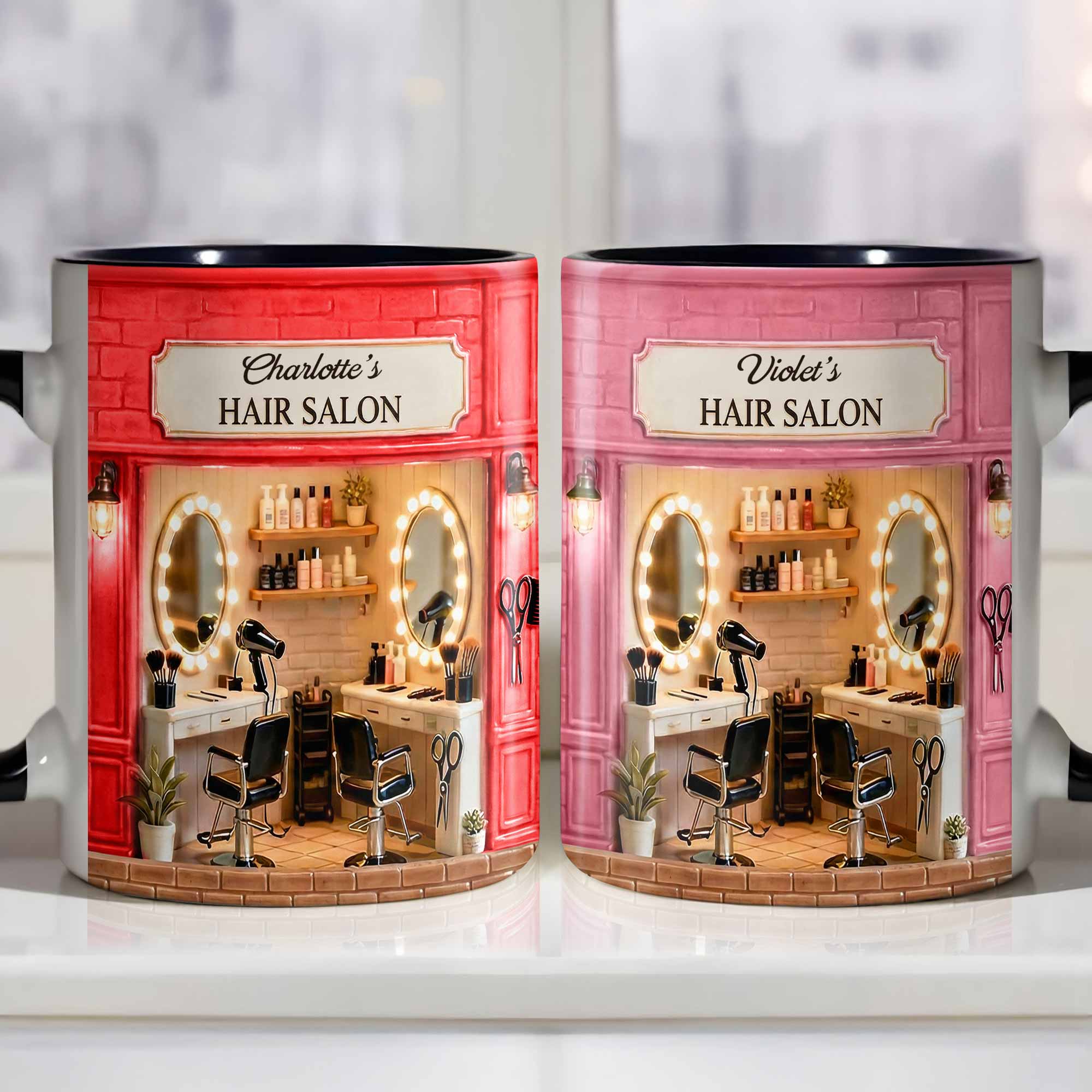 Personalized My Hair Salon Design With Barber Chairs And Mirrors Accent Mug Hairstylist Gifts