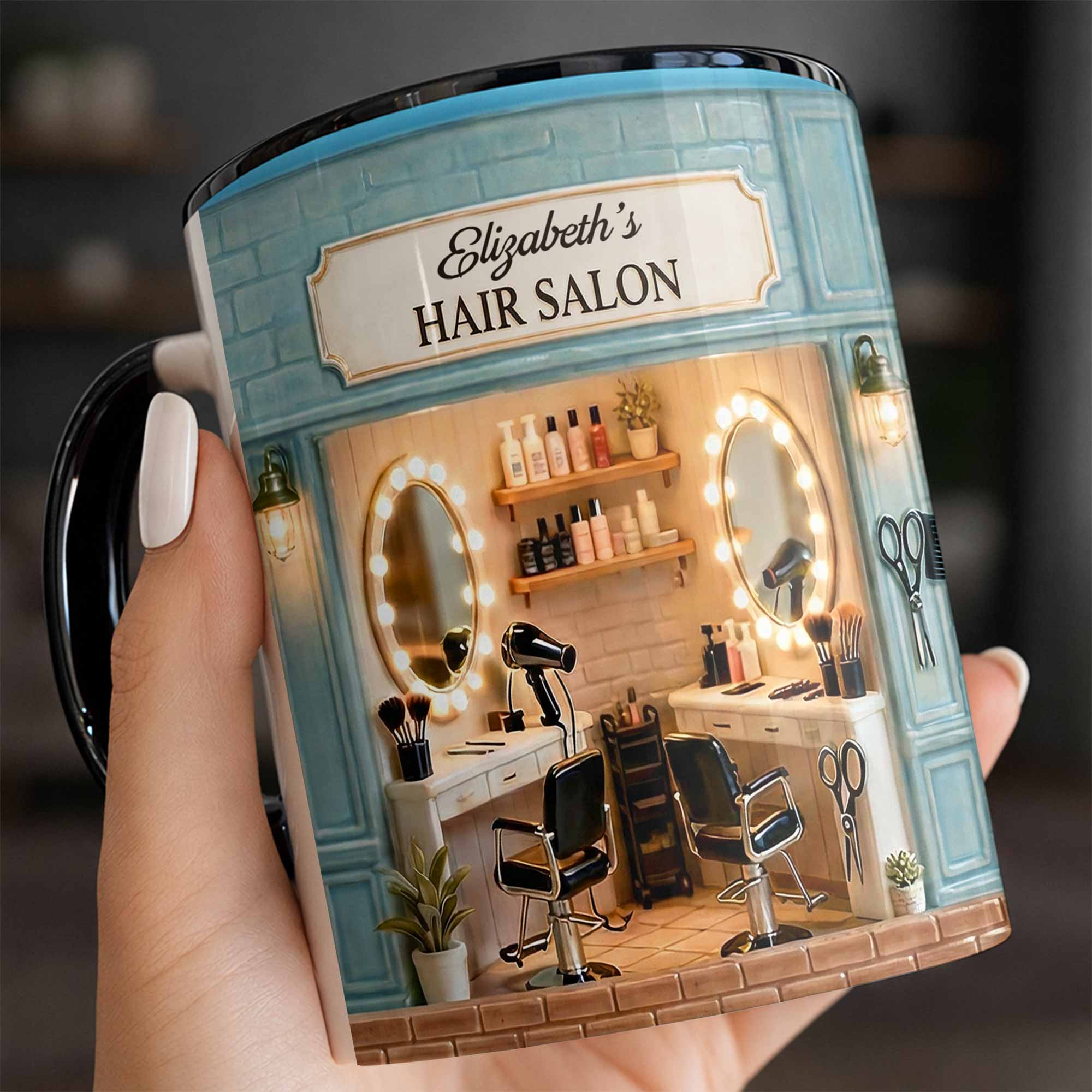 Personalized My Hair Salon Design With Barber Chairs And Mirrors Accent Mug Hairstylist Gifts - Image 6