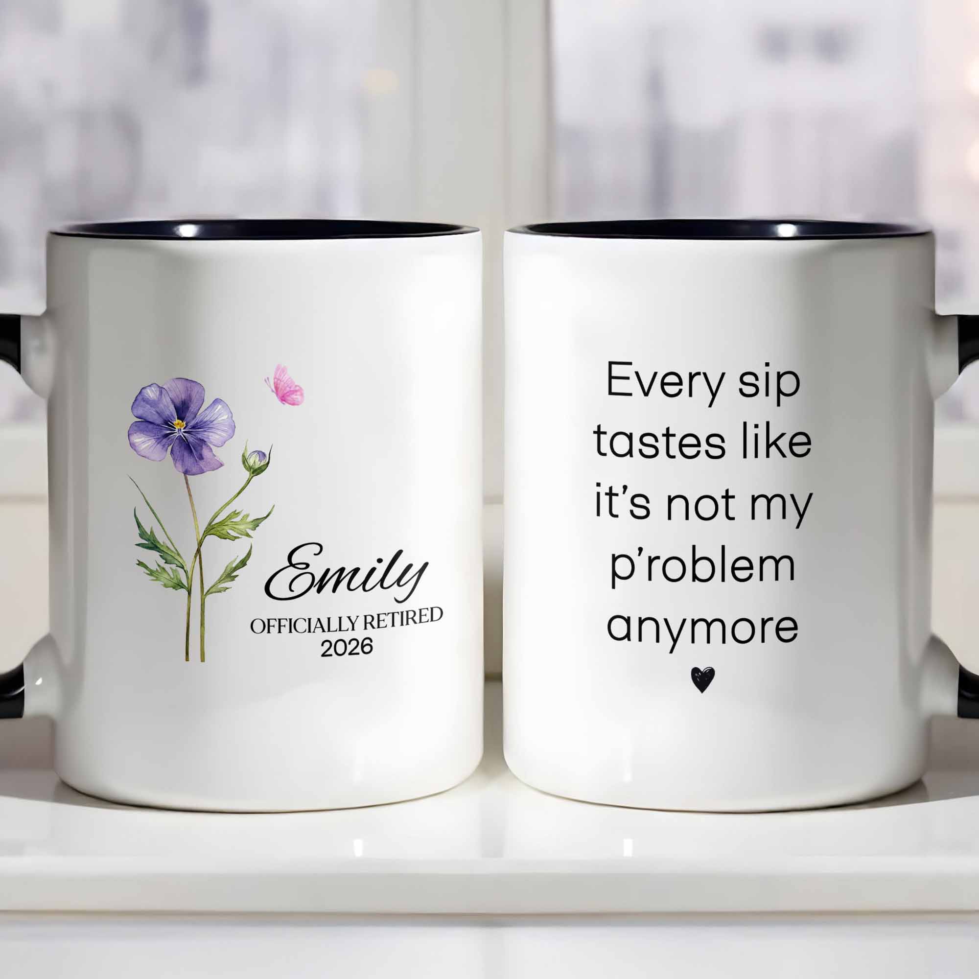 Personalized Officially Retired Purple Flower And Butterfly Accent Mug Best Retirement Gifts