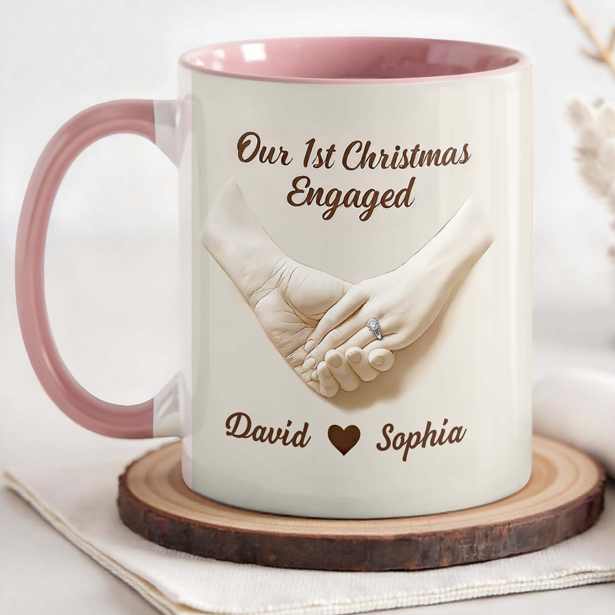 Personalized Our 1st Christmas Engaged Accent Mug Holding Hands With Ring Cup Couples Gifts - Image 3