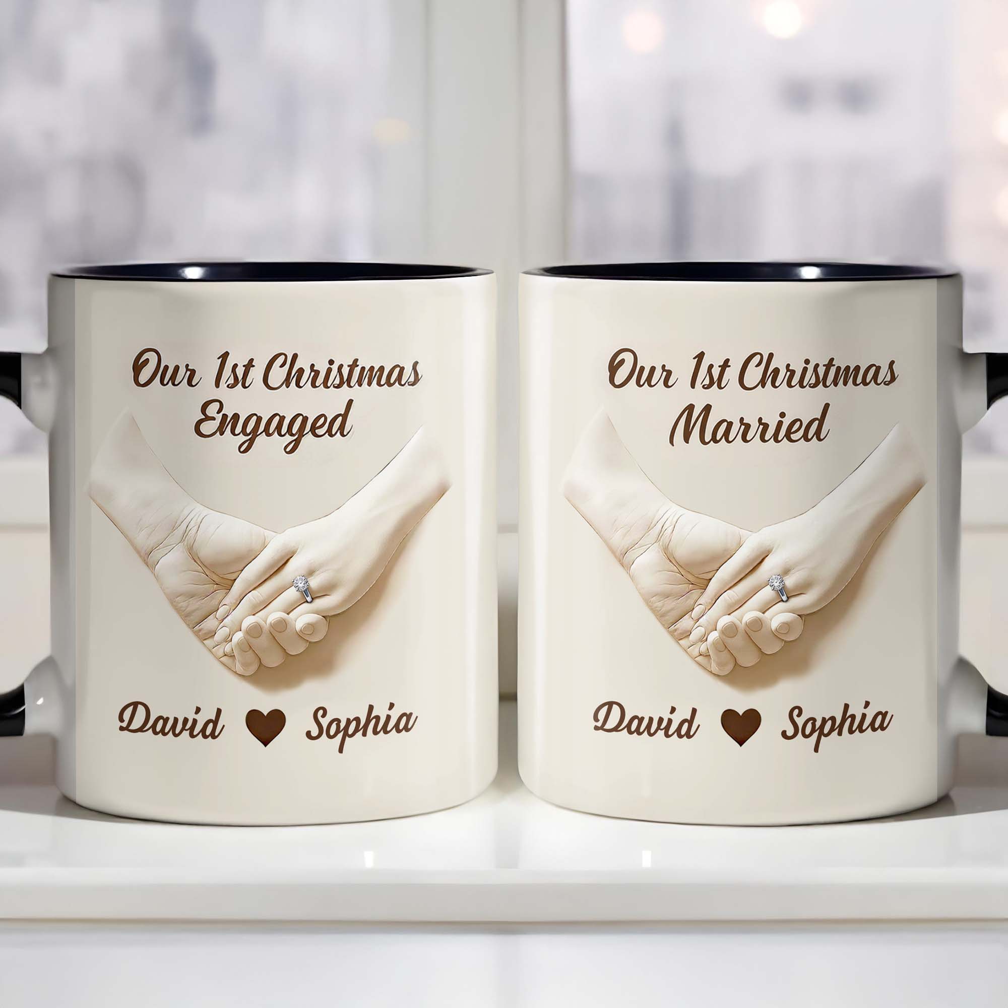 Personalized Our 1st Christmas Engaged Accent Mug Holding Hands With Ring Cup Couples Gifts