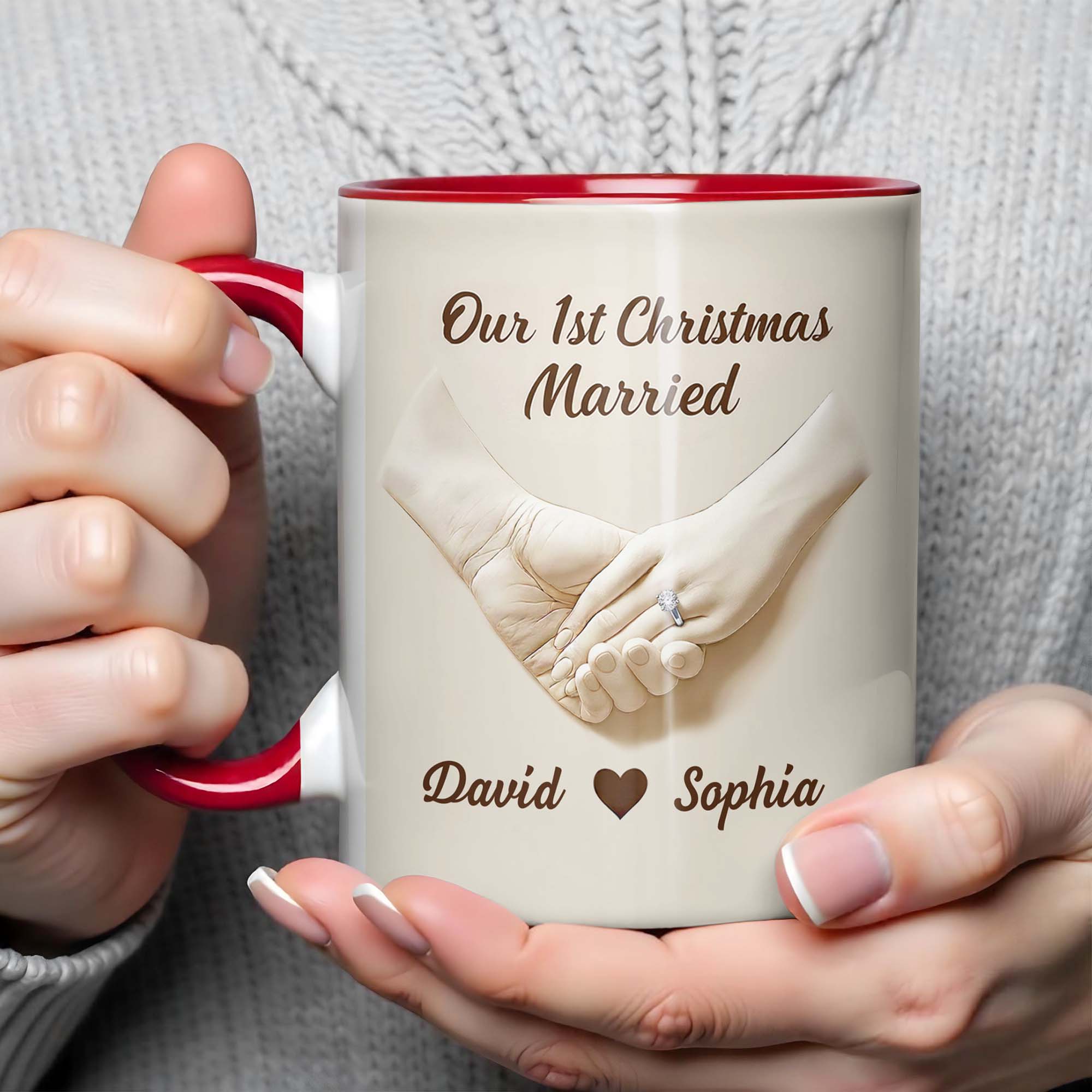 Personalized Our 1st Christmas Engaged Accent Mug Holding Hands With Ring Cup Couples Gifts - Image 4