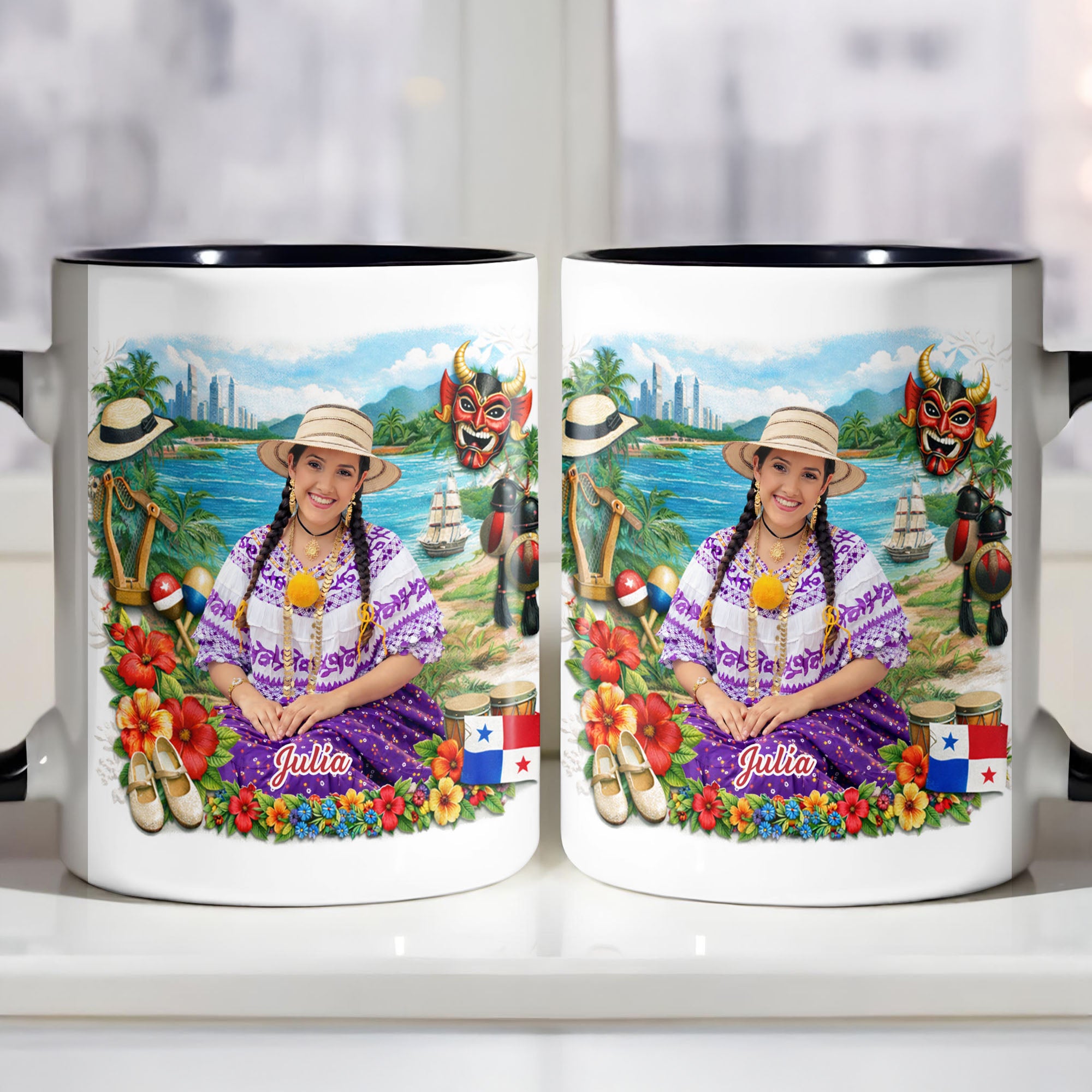 Personalized Panamanian Heritage Woman In Traditional Pollera Dress And Panama Flag Accent Mug