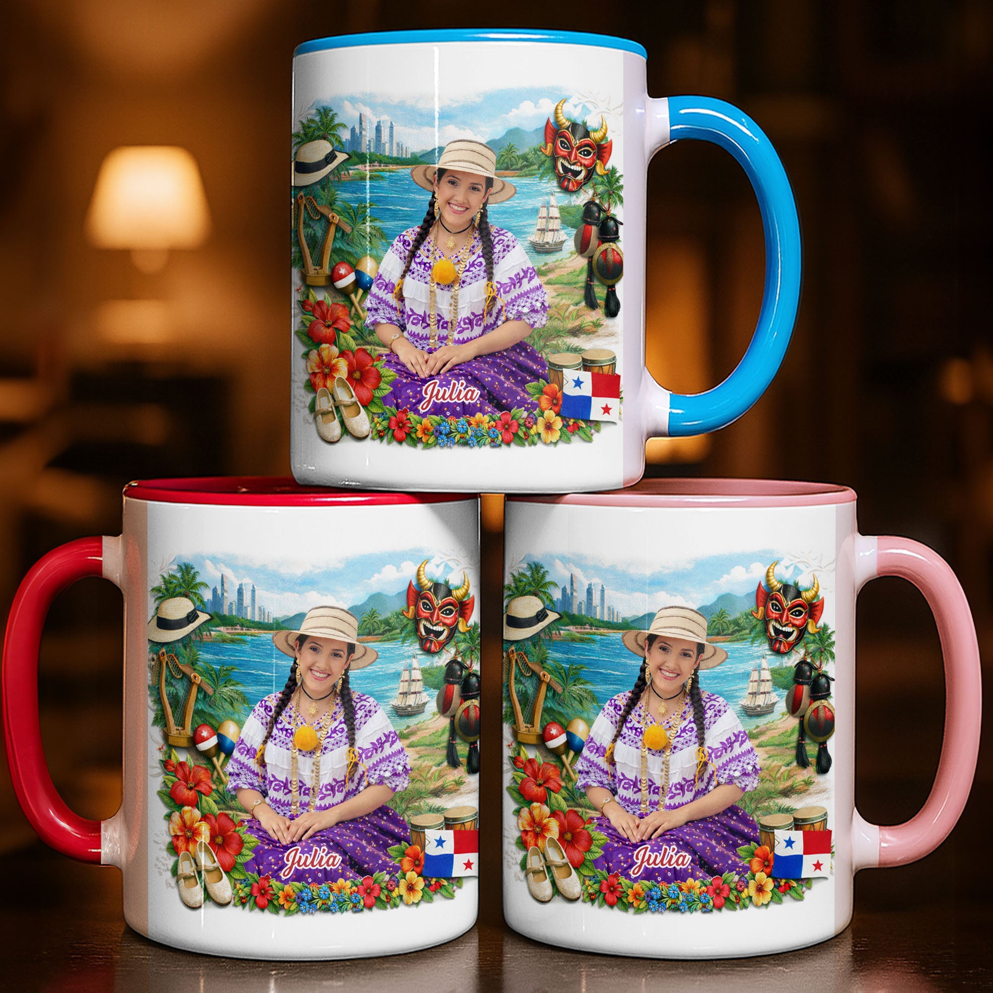 Personalized Panamanian Heritage Woman In Traditional Pollera Dress And Panama Flag Accent Mug - Image 2