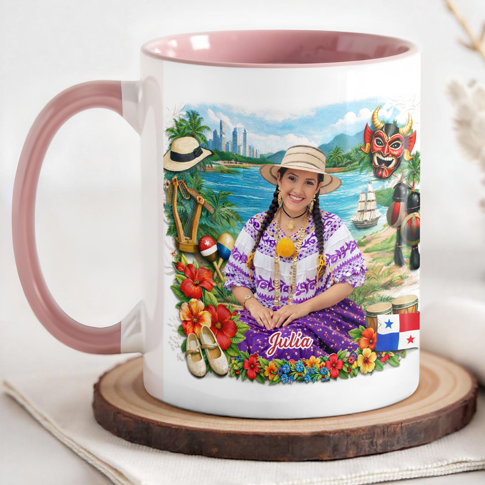 Personalized Panamanian Heritage Woman In Traditional Pollera Dress And Panama Flag Accent Mug - Image 4