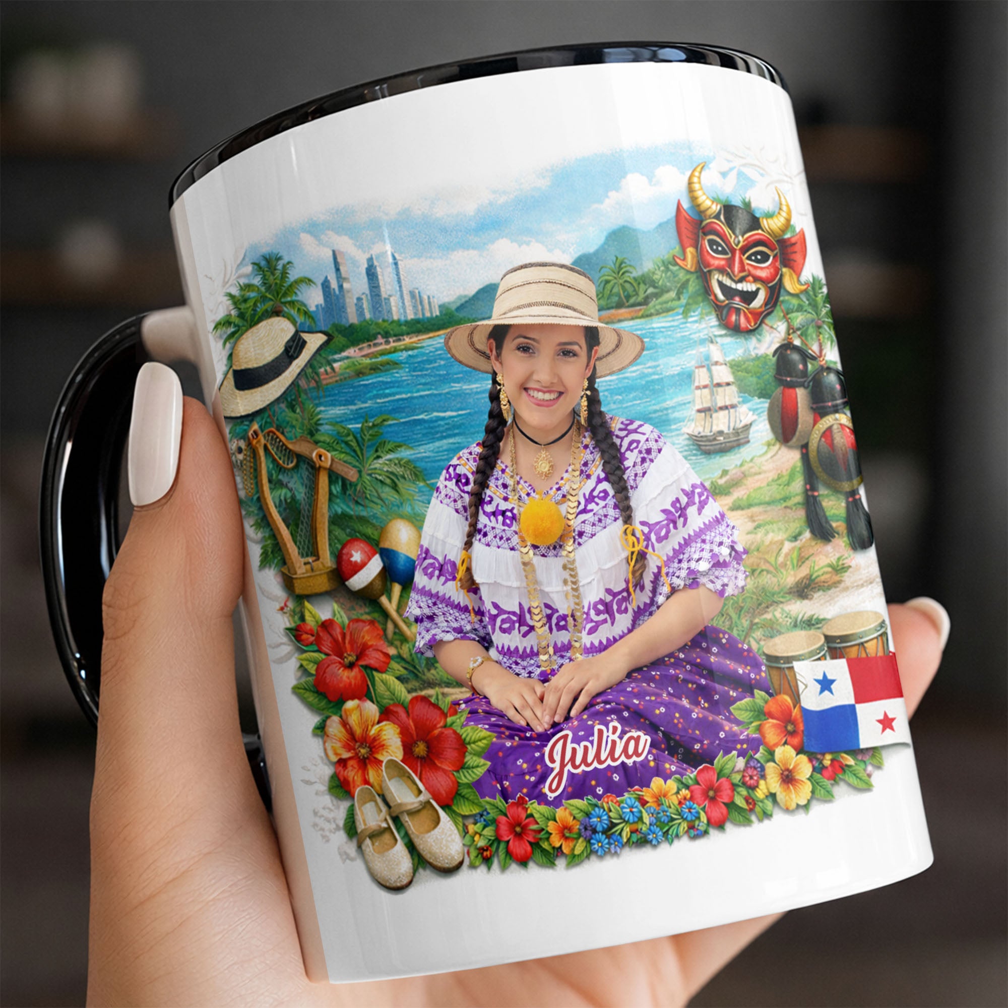 Personalized Panamanian Heritage Woman In Traditional Pollera Dress And Panama Flag Accent Mug - Image 5