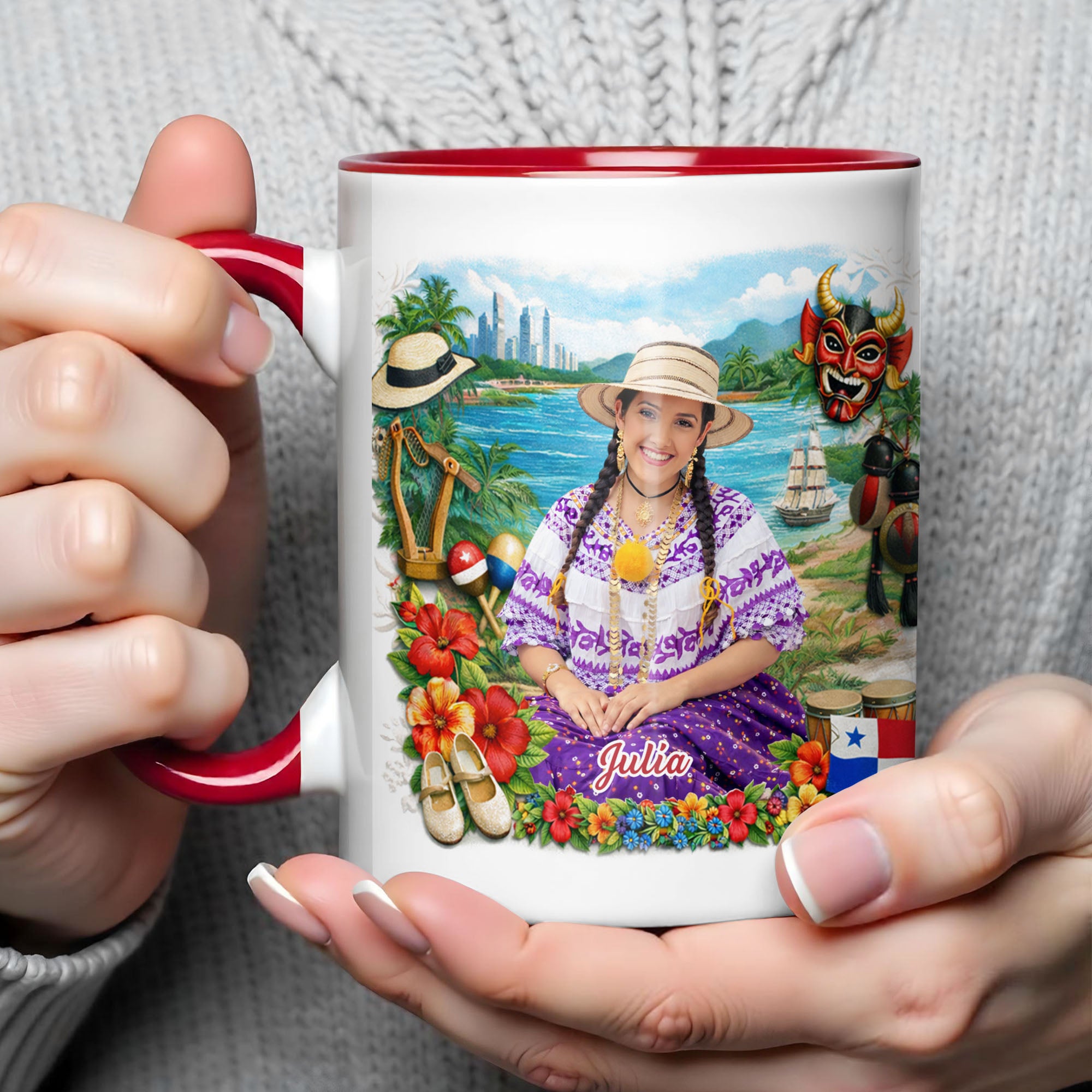 Personalized Panamanian Heritage Woman In Traditional Pollera Dress And Panama Flag Accent Mug - Image 3