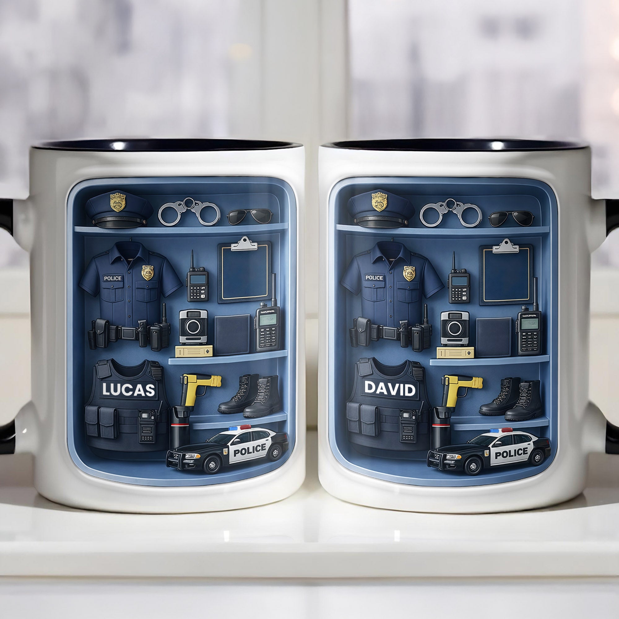 Personalized Police Officer Uniform And Gear With Patrol Car Accent Mug Gifts For Police Dad