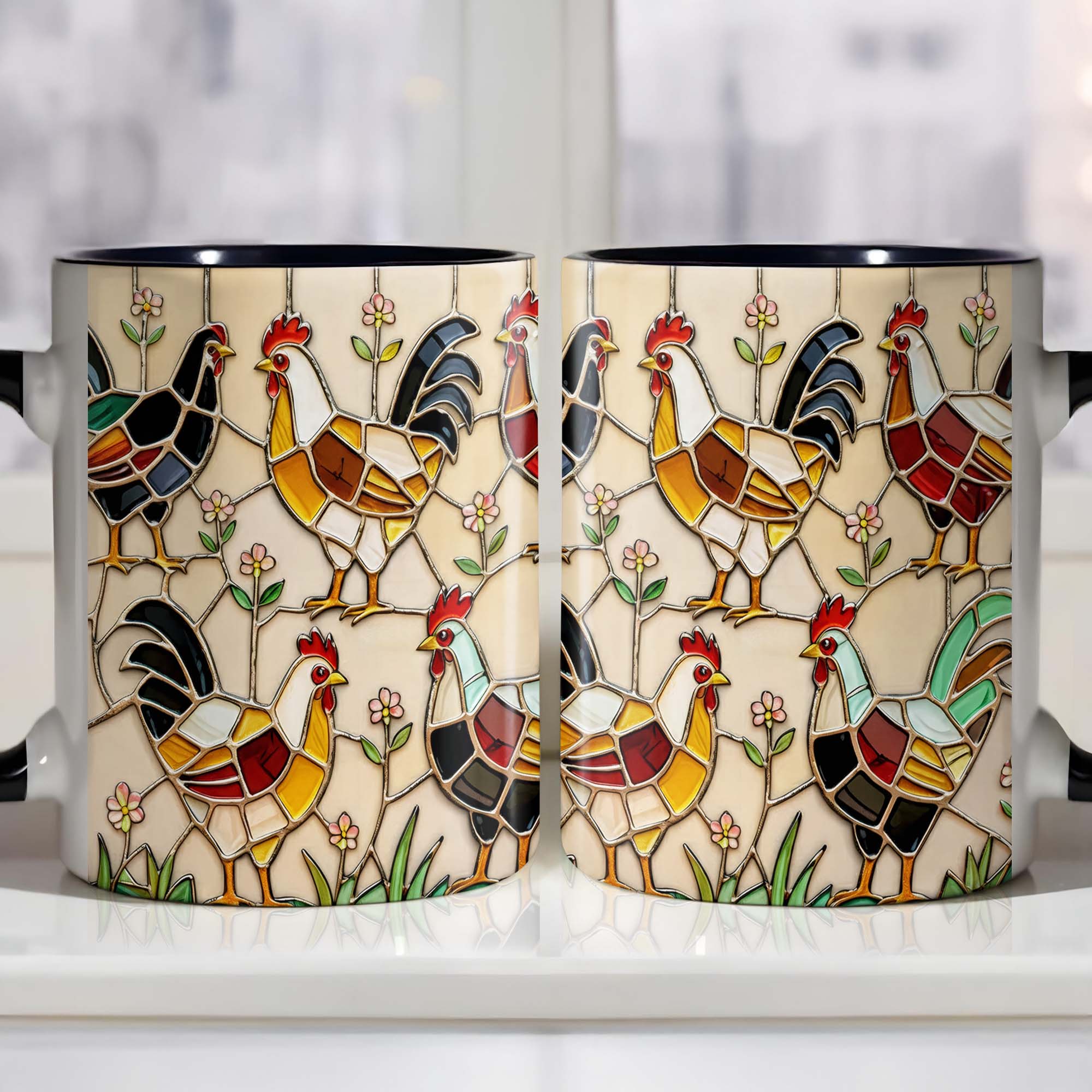 Personalized Stained Glass Rooster Design Accent Mug Gifts For Chicken Lovers