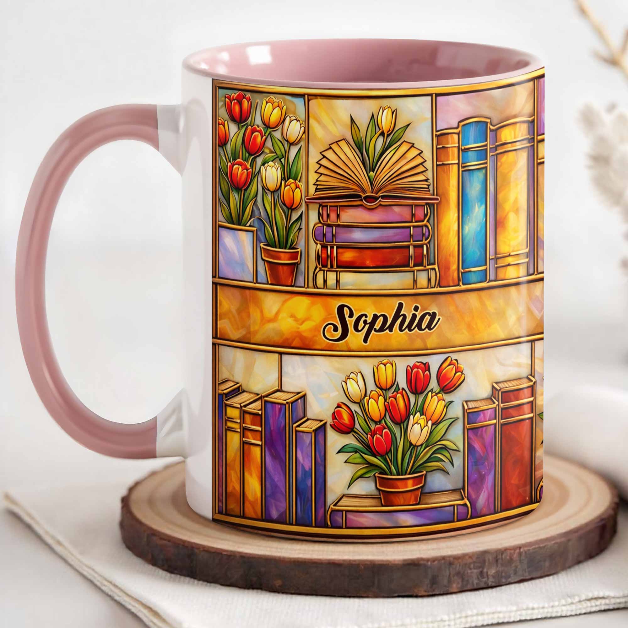 Personalized Stained Glass Style Library With Tulips And Books Accent Mug Gifts For Readers - Image 3