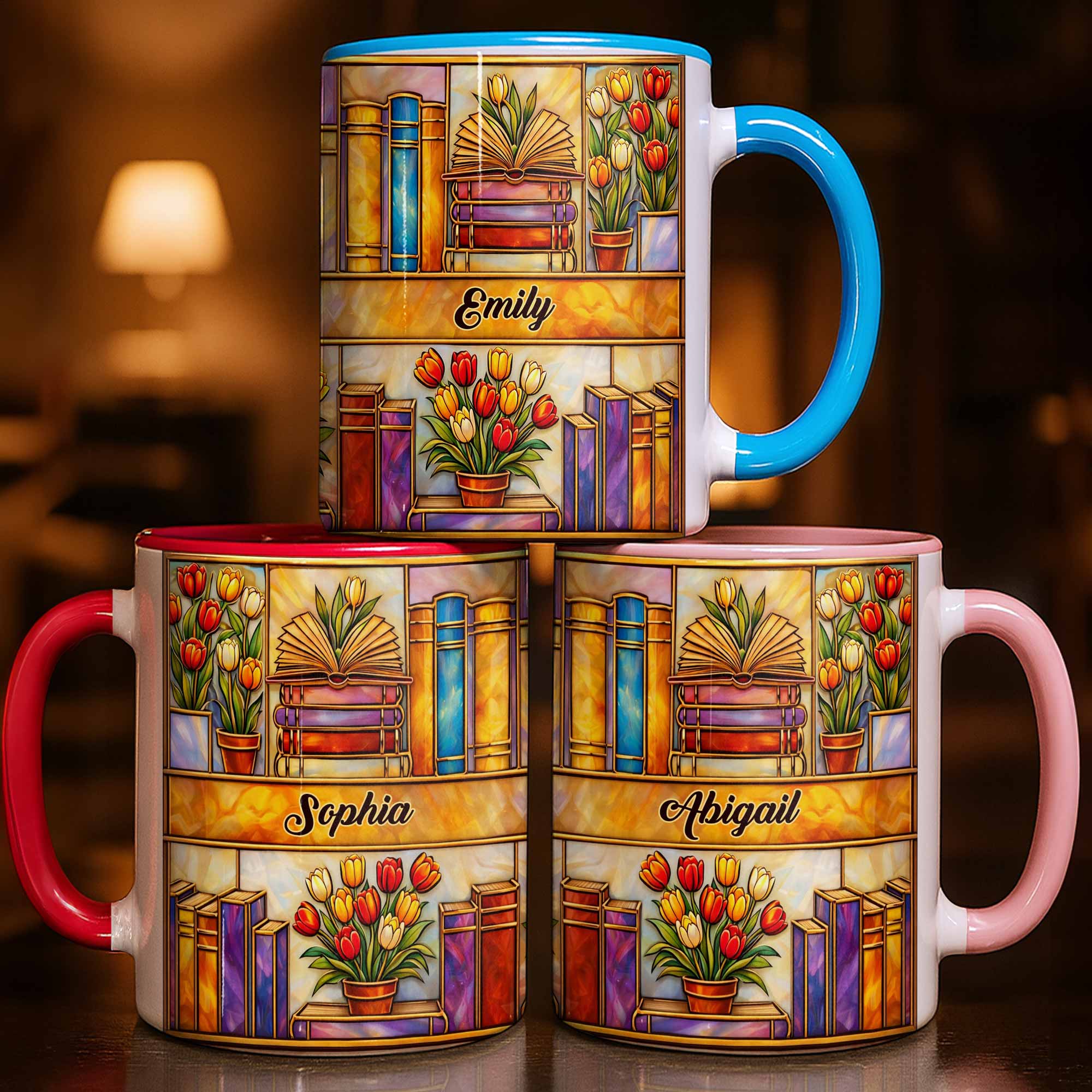 Personalized Stained Glass Style Library With Tulips And Books Accent Mug Gifts For Readers - Image 2