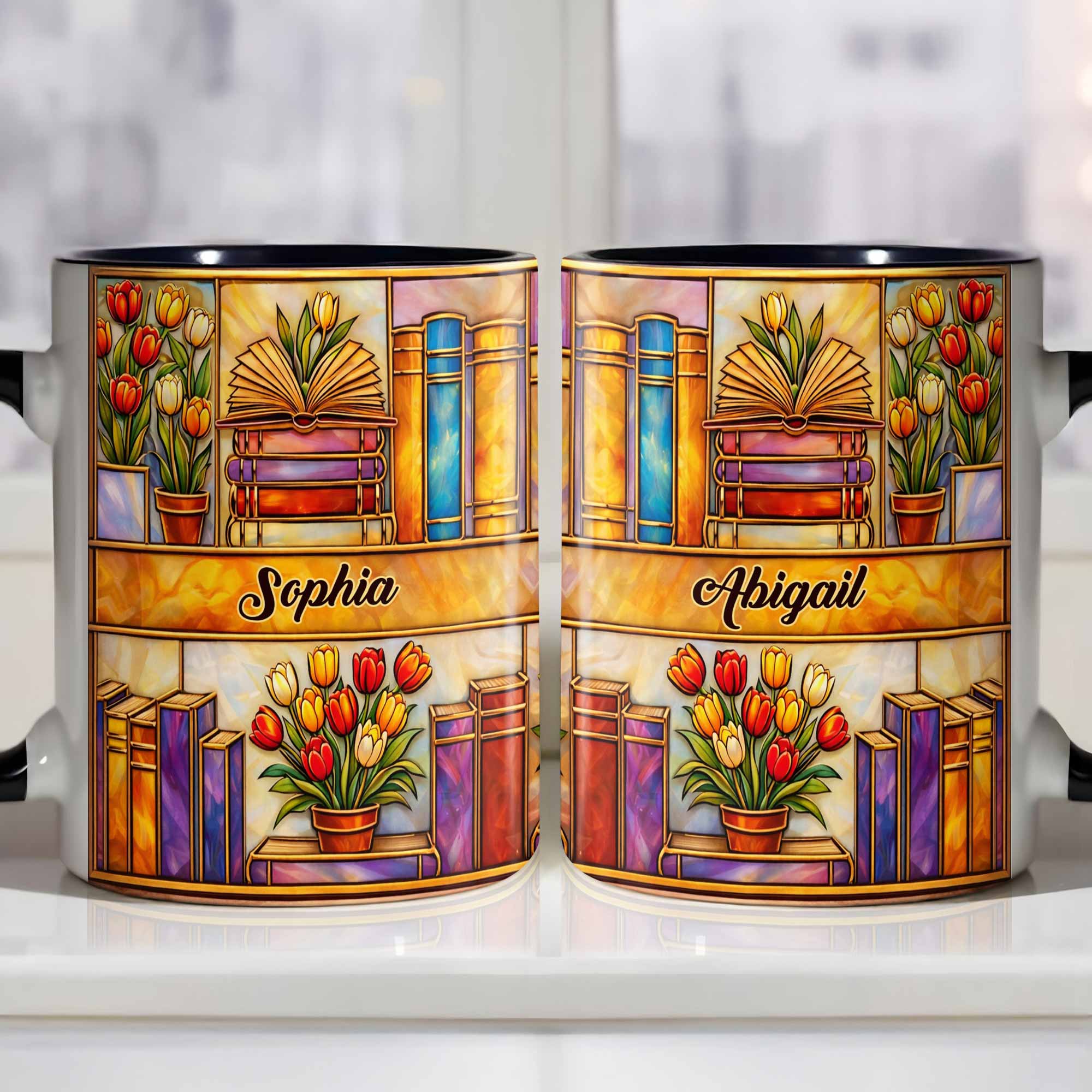 Personalized Stained Glass Style Library With Tulips And Books Accent Mug Gifts For Readers