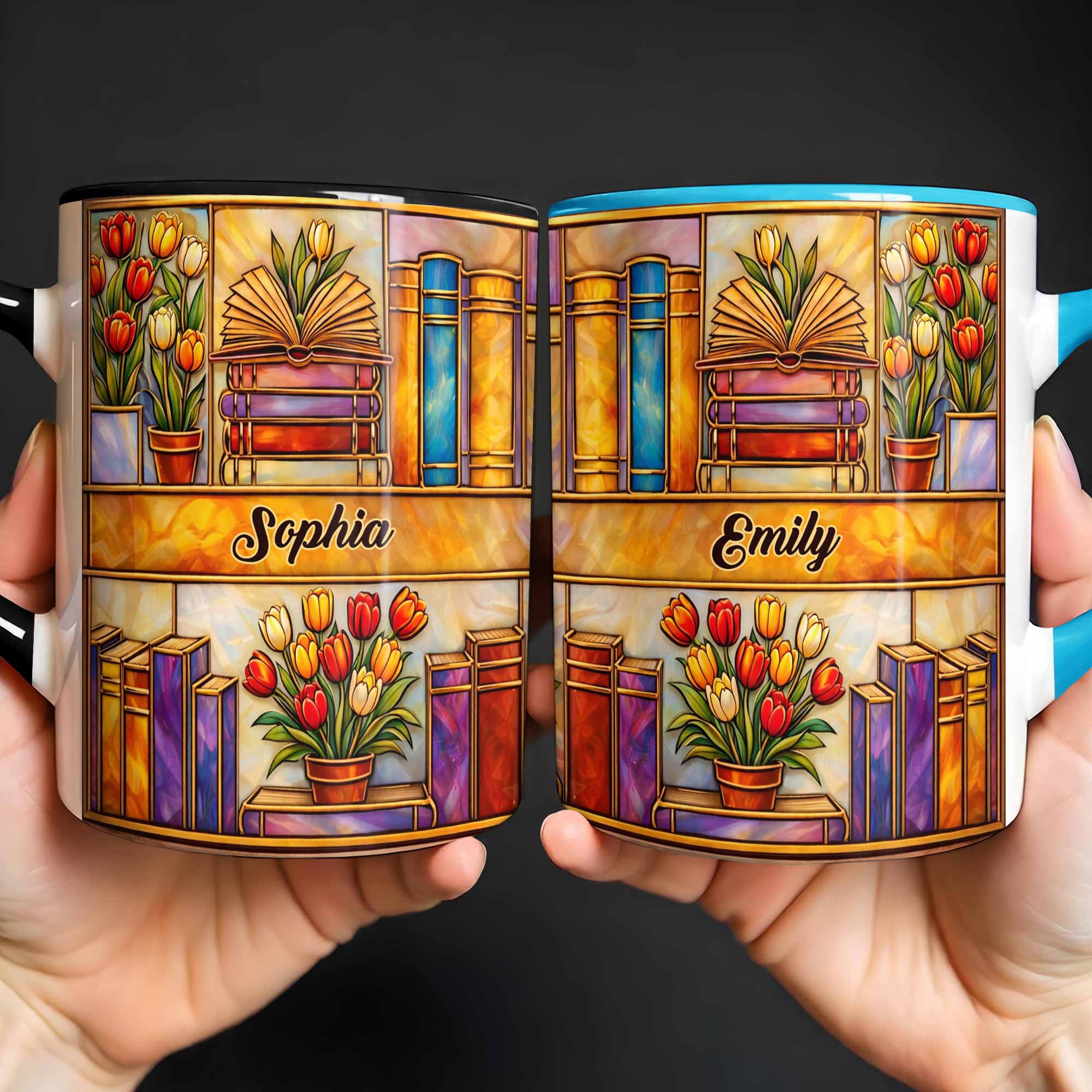 Personalized Stained Glass Style Library With Tulips And Books Accent Mug Gifts For Readers - Image 4