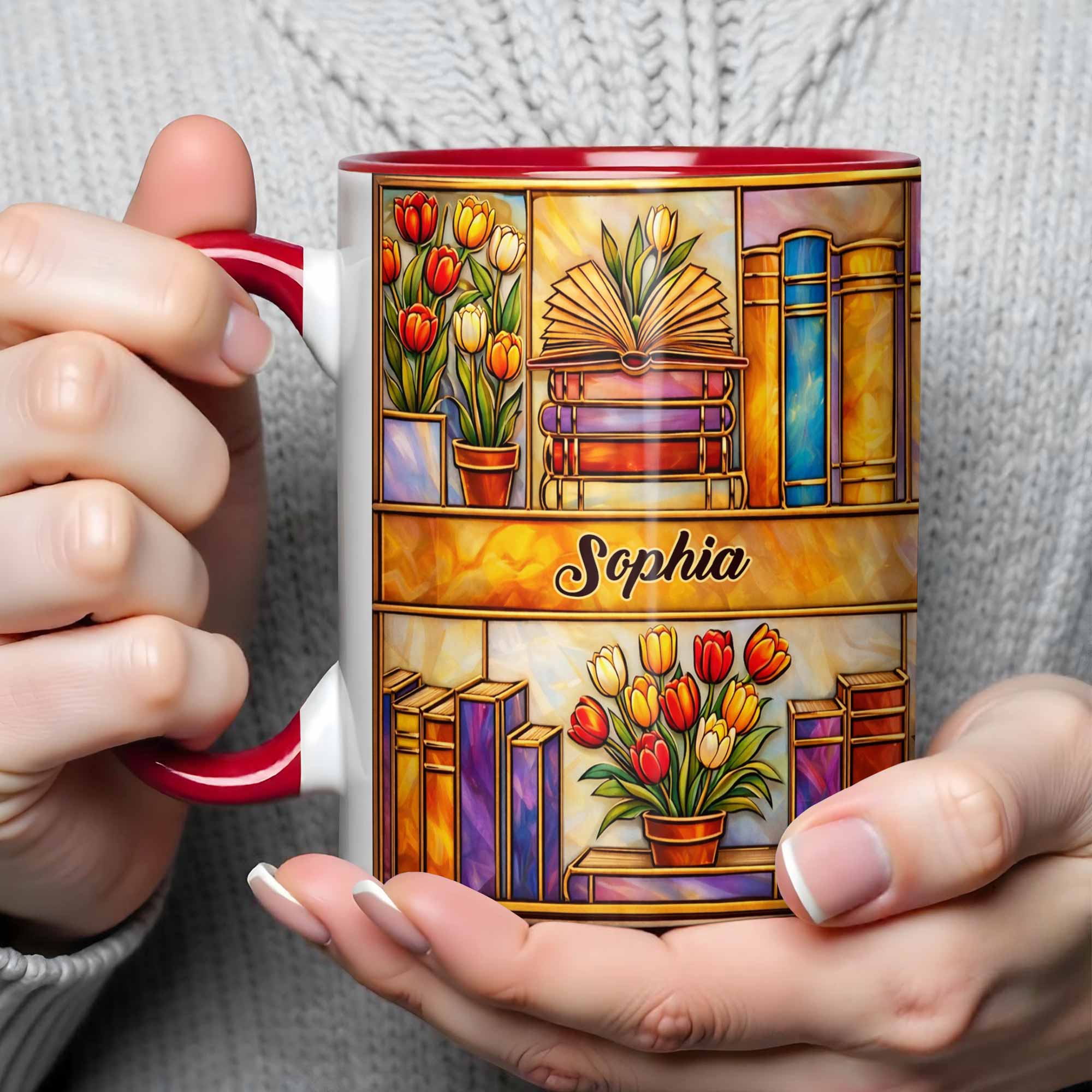 Personalized Stained Glass Style Library With Tulips And Books Accent Mug Gifts For Readers - Image 5