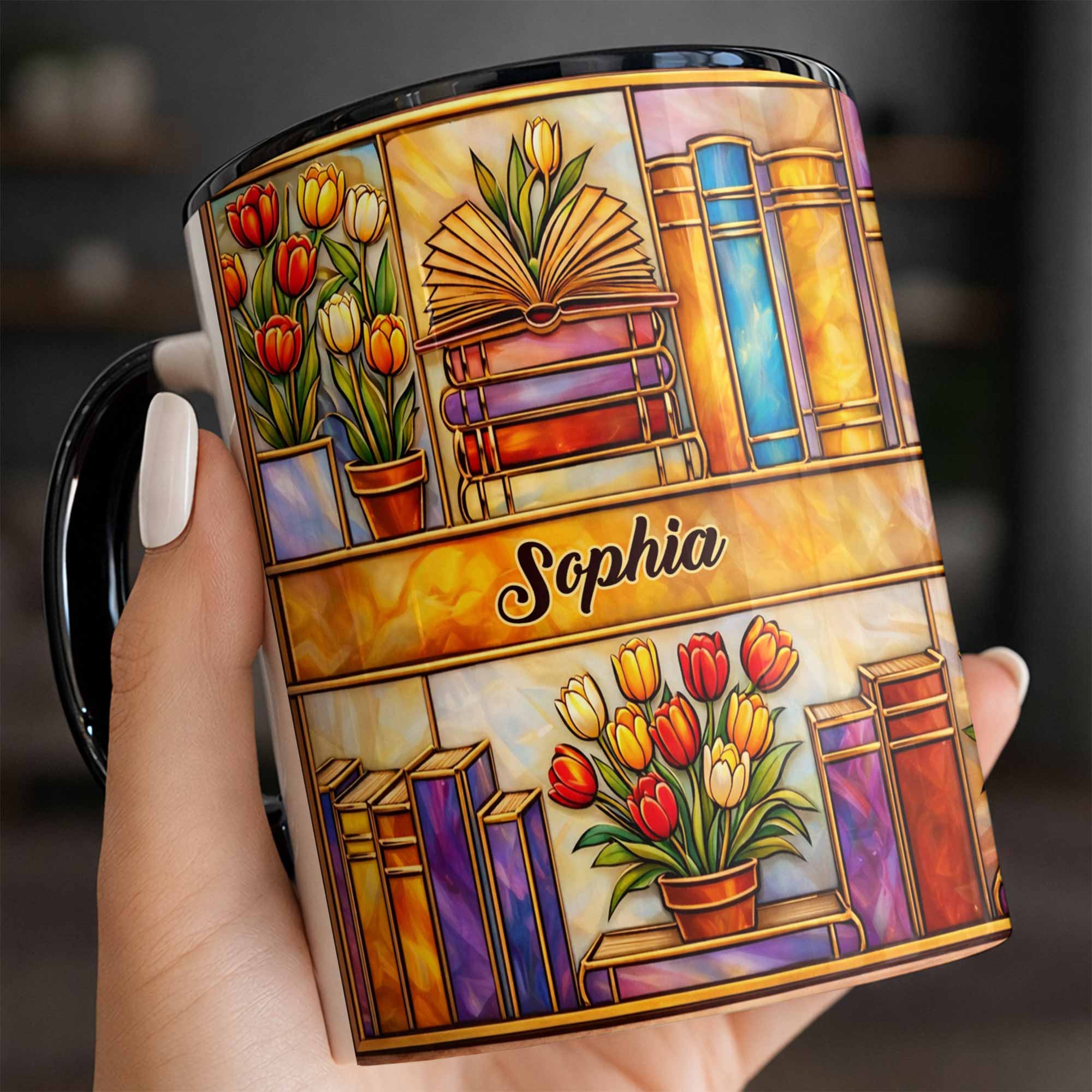 Personalized Stained Glass Style Library With Tulips And Books Accent Mug Gifts For Readers - Image 6