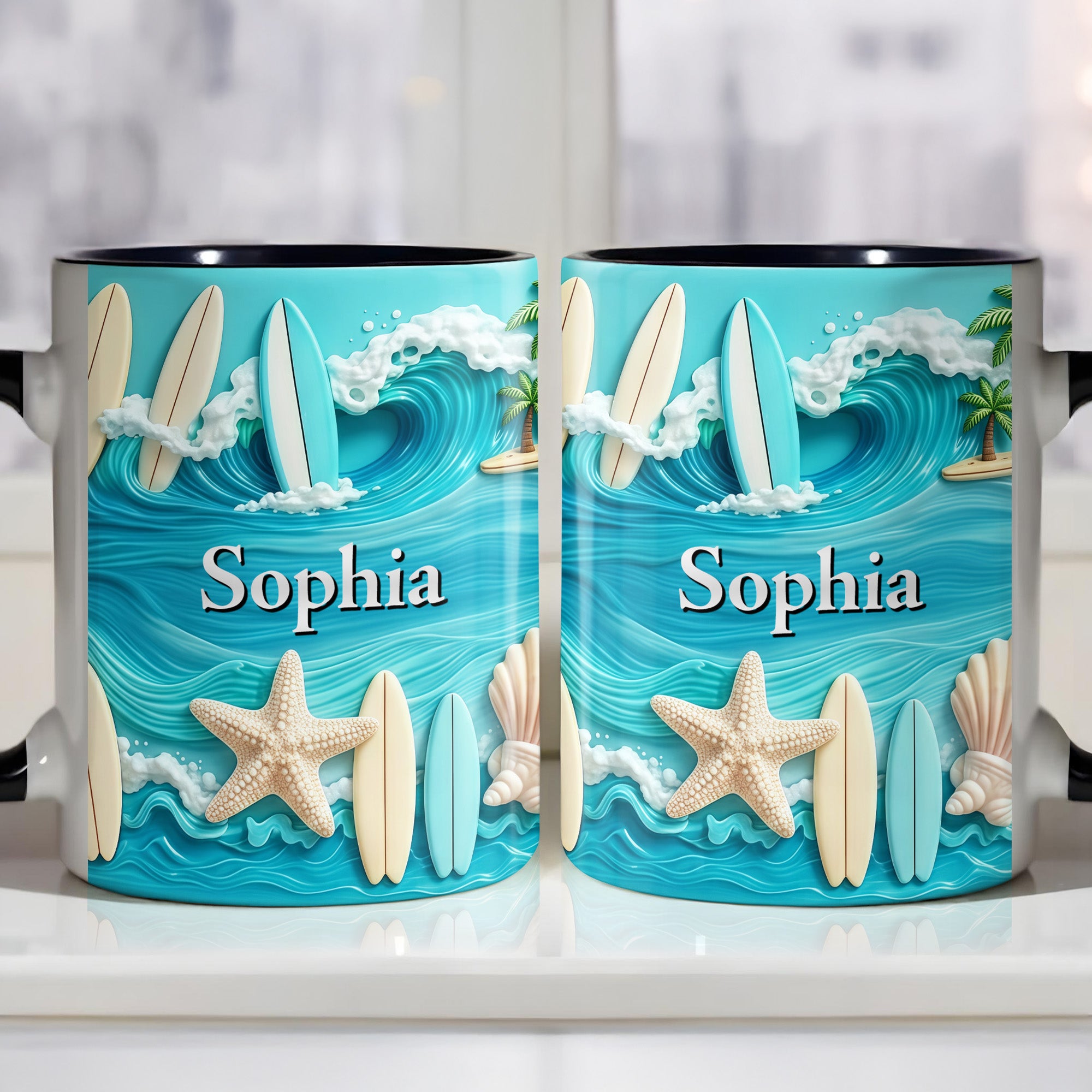 Personalized Surfboards And Starfish Ocean Accent Mug Gifts For Ocean Lovers