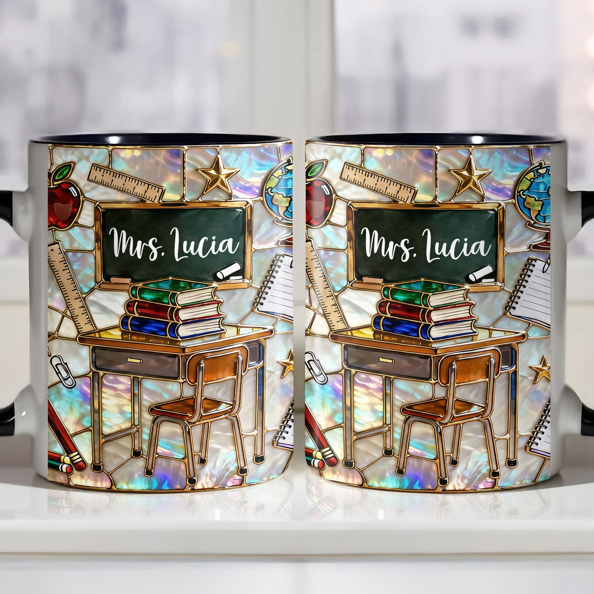 Personalized Teacher Desk With Books And School Supplies Accent Mug Teacher Gifts