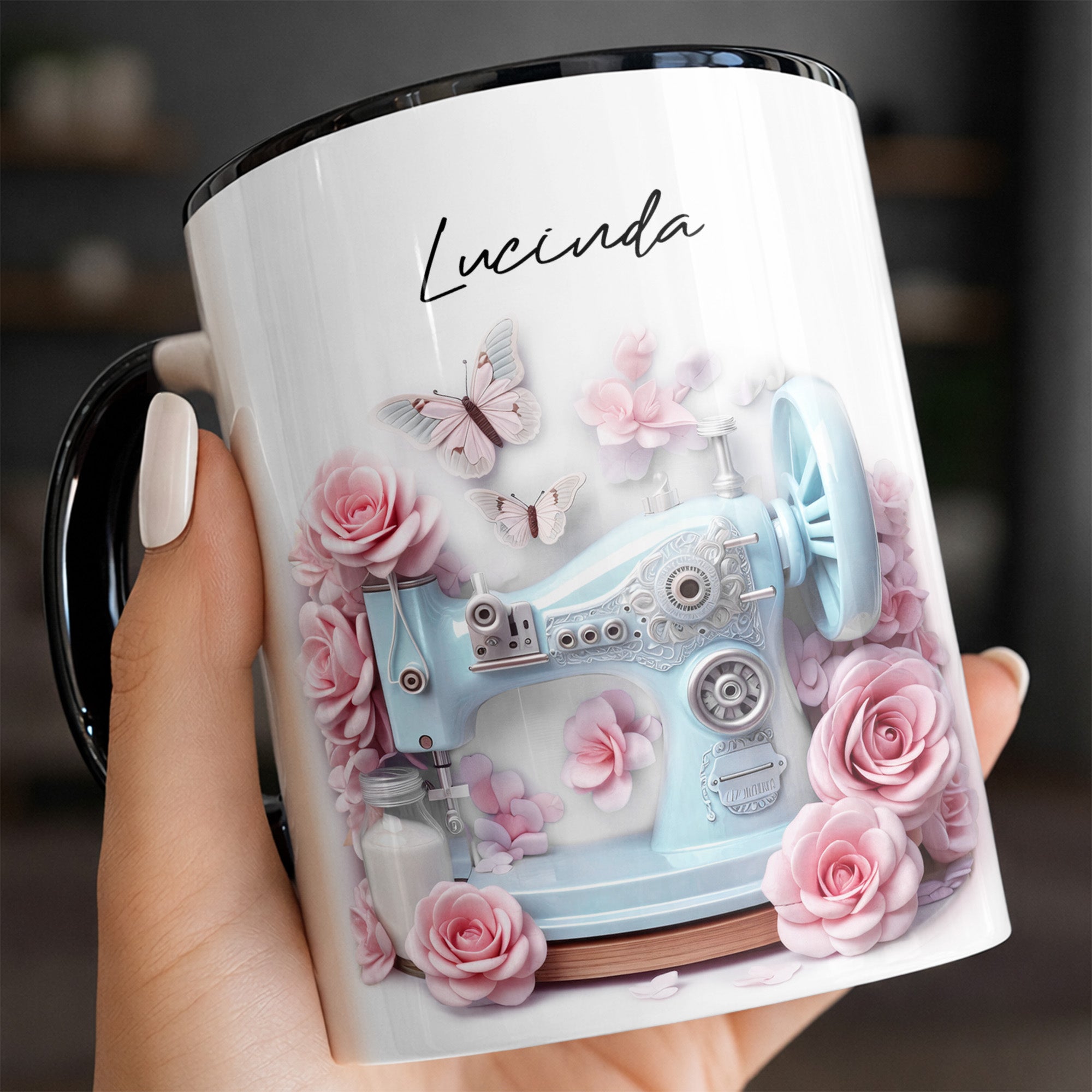 Personalized Vintage Sewing Machine And Beautiful Roses Design Accent Mug Gifts For Sewists - Image 4