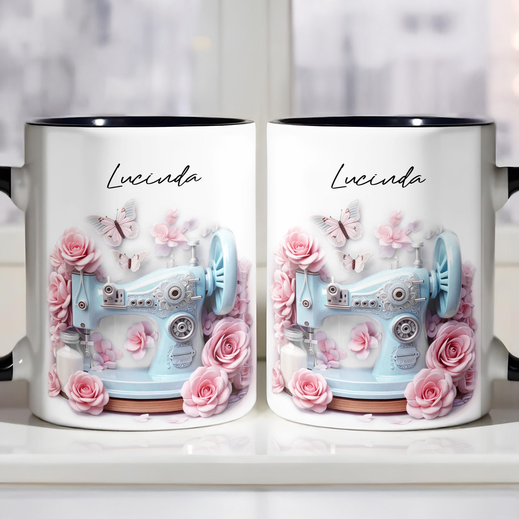 Personalized Vintage Sewing Machine And Beautiful Roses Design Accent Mug Gifts For Sewists