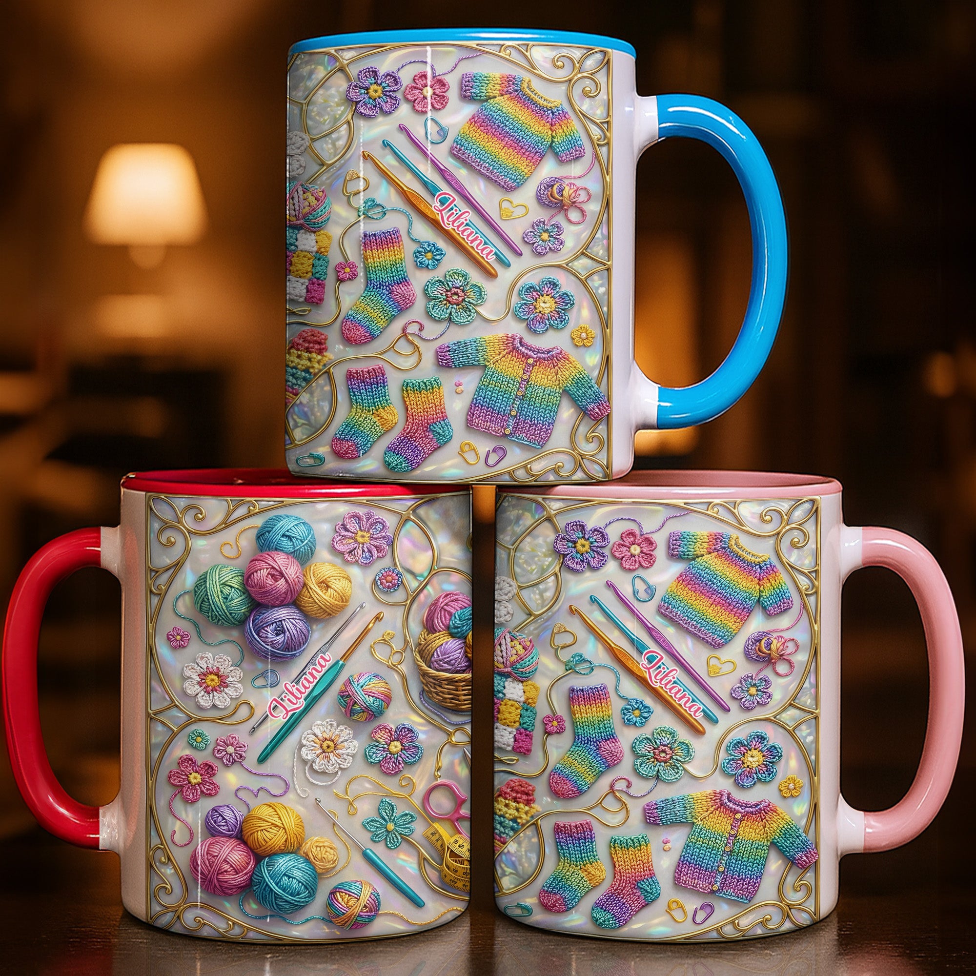 Personalized Yarn And Needles Accent Mug Cute Rainbow Coffee Cup Crochet Lover Gifts - Image 3
