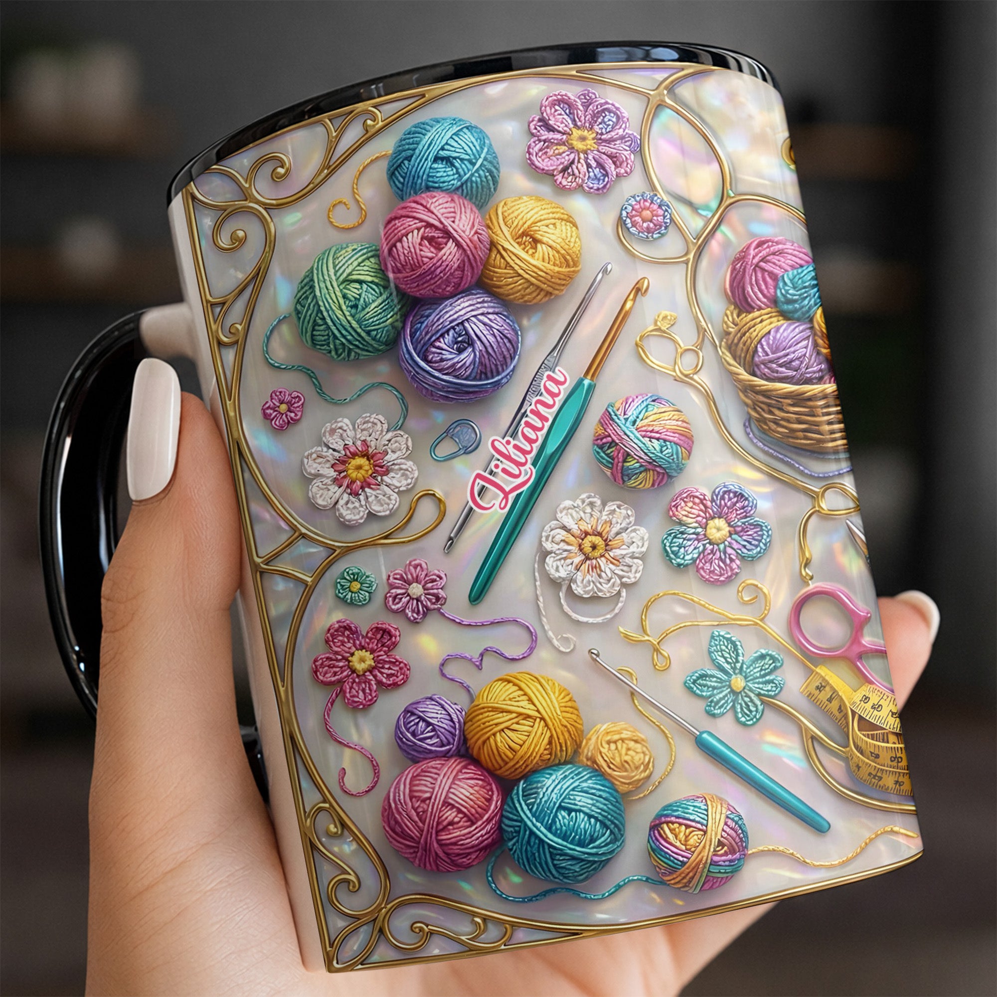 Personalized Yarn And Needles Accent Mug Cute Rainbow Coffee Cup Crochet Lover Gifts - Image 2
