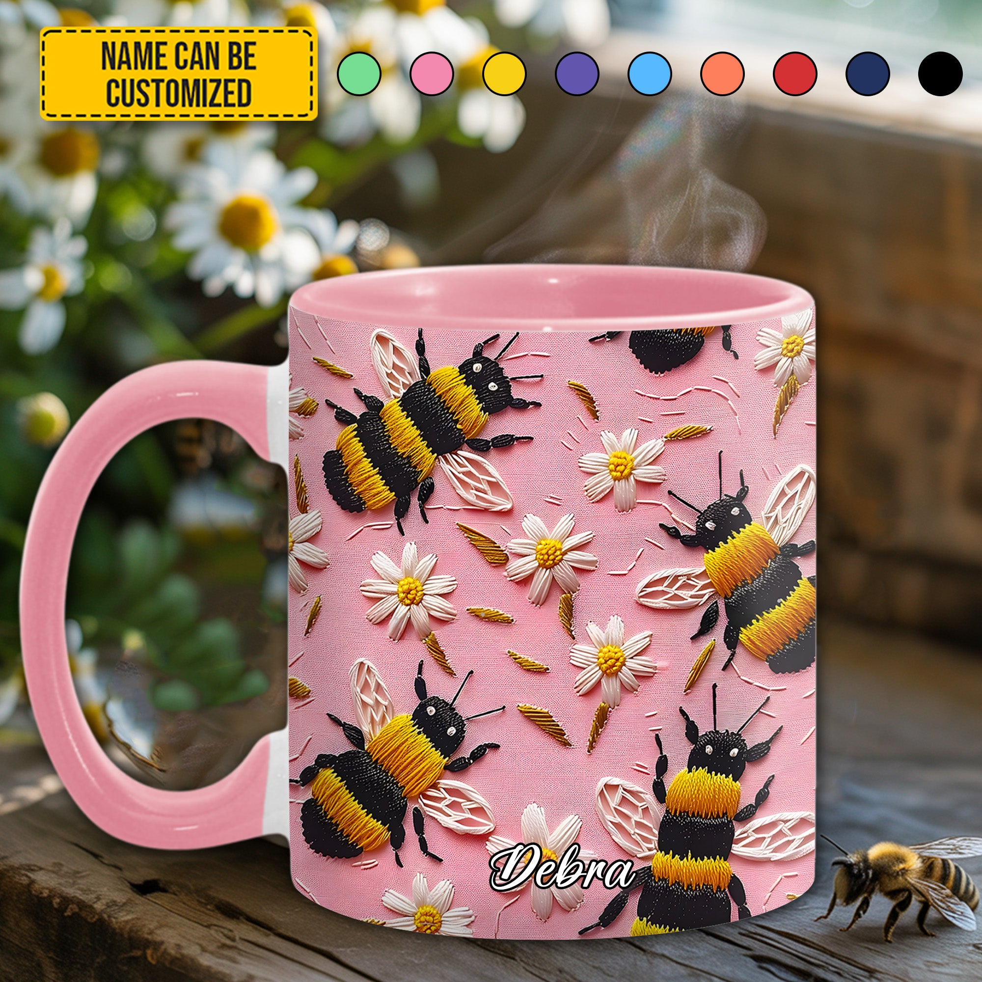 Embroidered Style Personalized Bee & Daisy Accent Mug Bee Merchandise