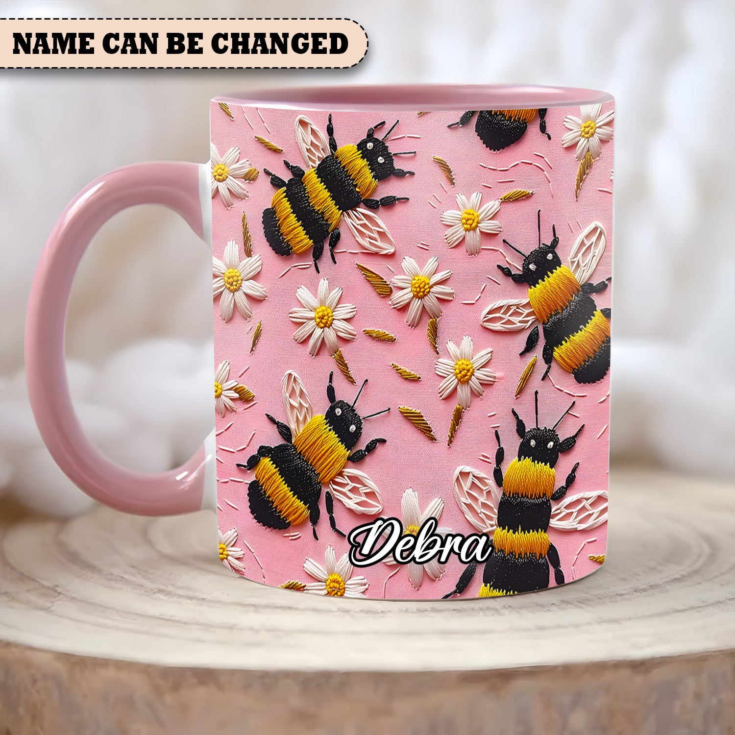 Embroidered Style Personalized Bee & Daisy Accent Mug Bee Merchandise - Image 3