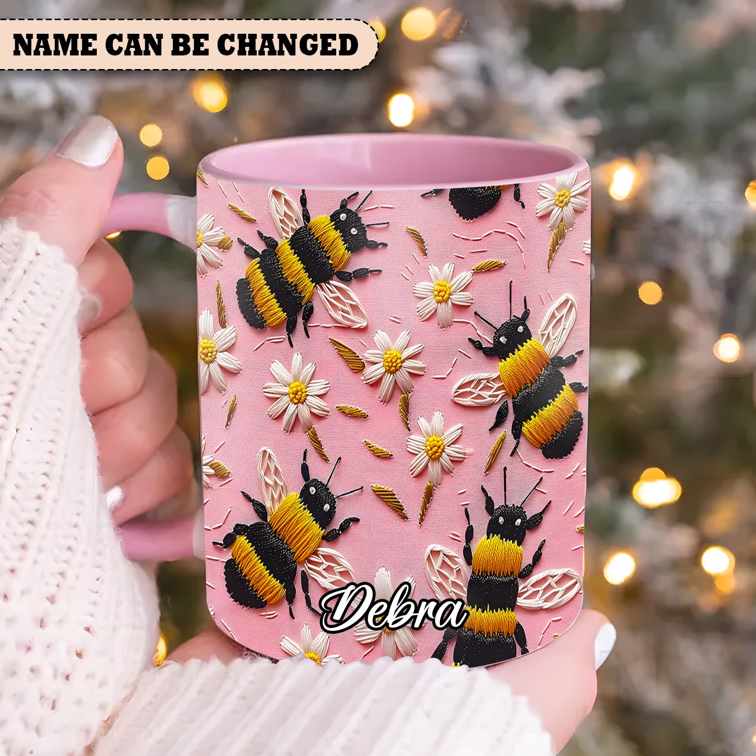 Embroidered Style Personalized Bee & Daisy Accent Mug Bee Merchandise - Image 4