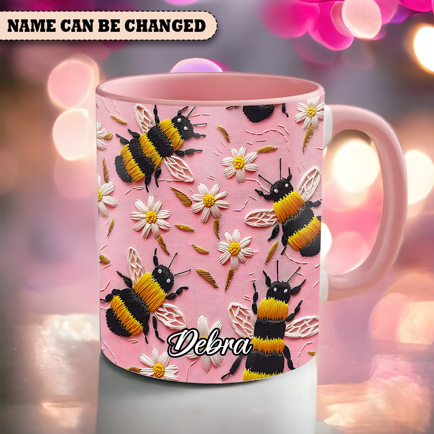 Embroidered Style Personalized Bee & Daisy Accent Mug Bee Merchandise - Image 2