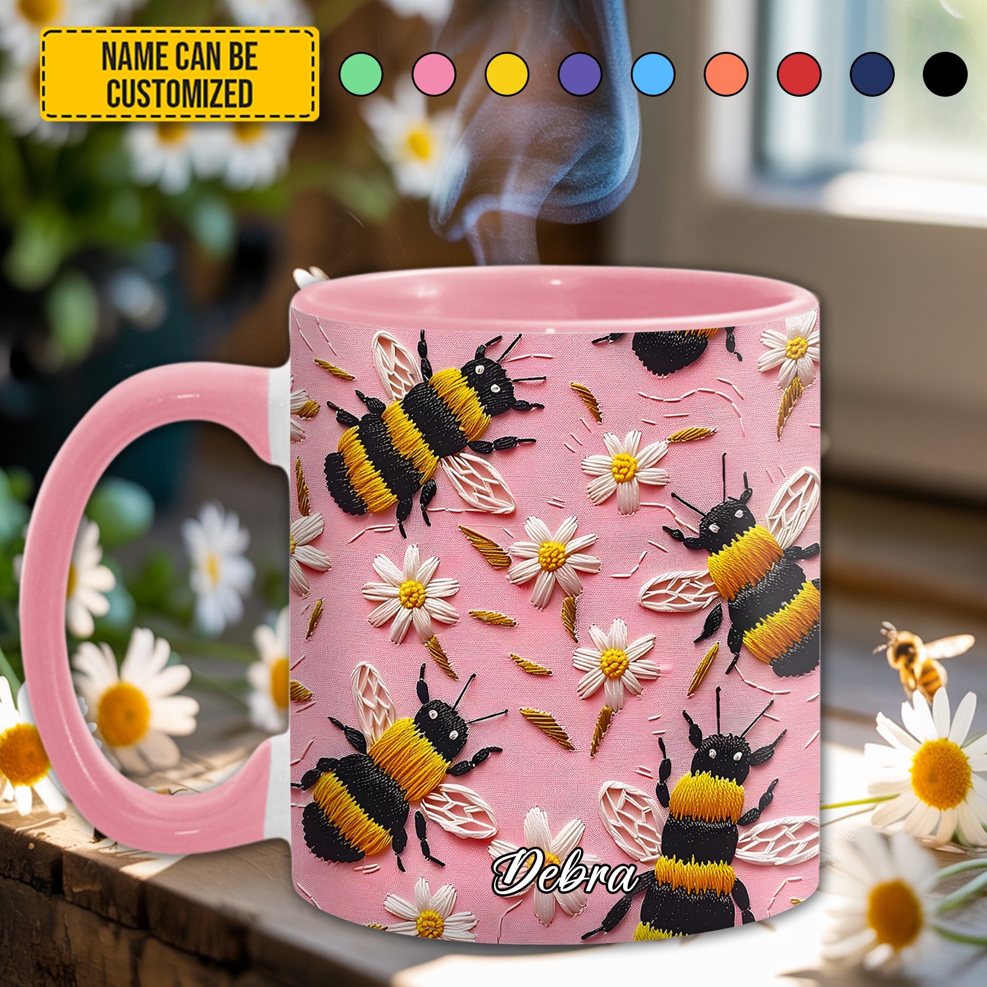 Embroidered Style Personalized Bee & Daisy Accent Mug Bee Merchandise - Image 6
