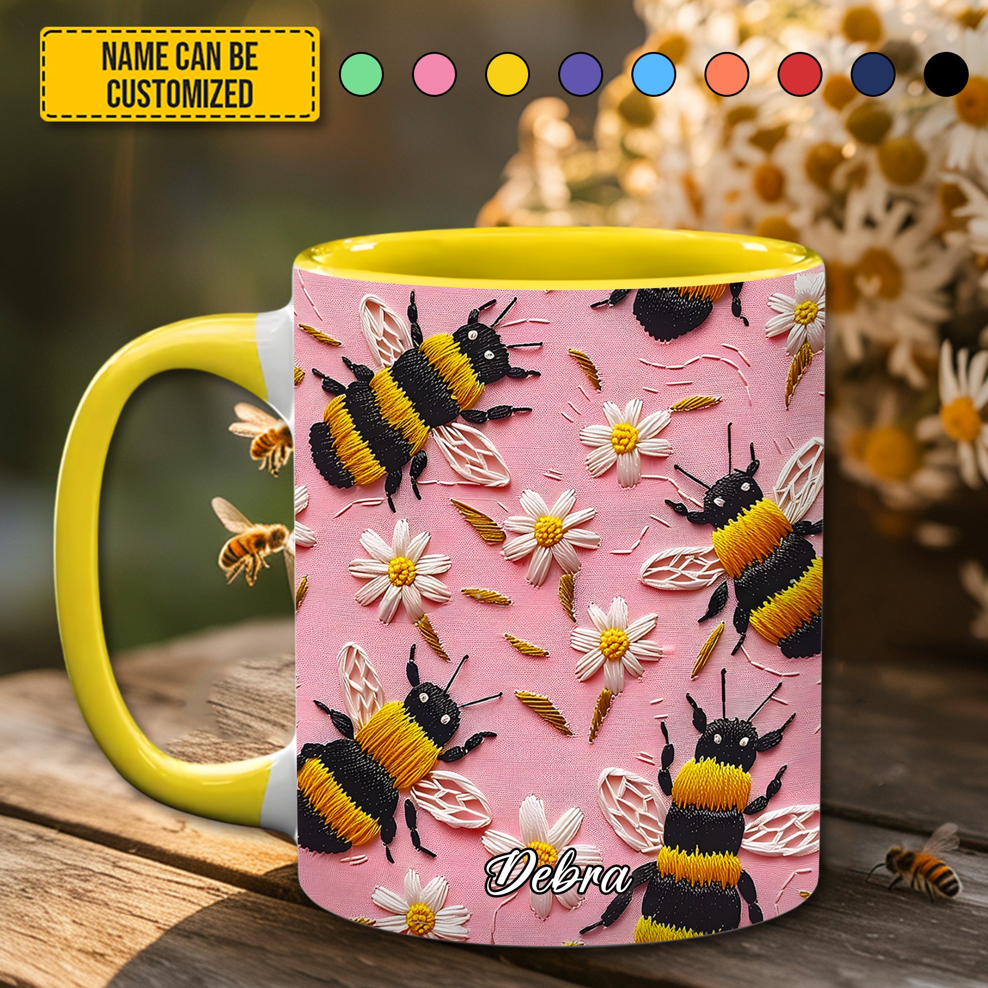 Embroidered Style Personalized Bee & Daisy Accent Mug Bee Merchandise - Image 7
