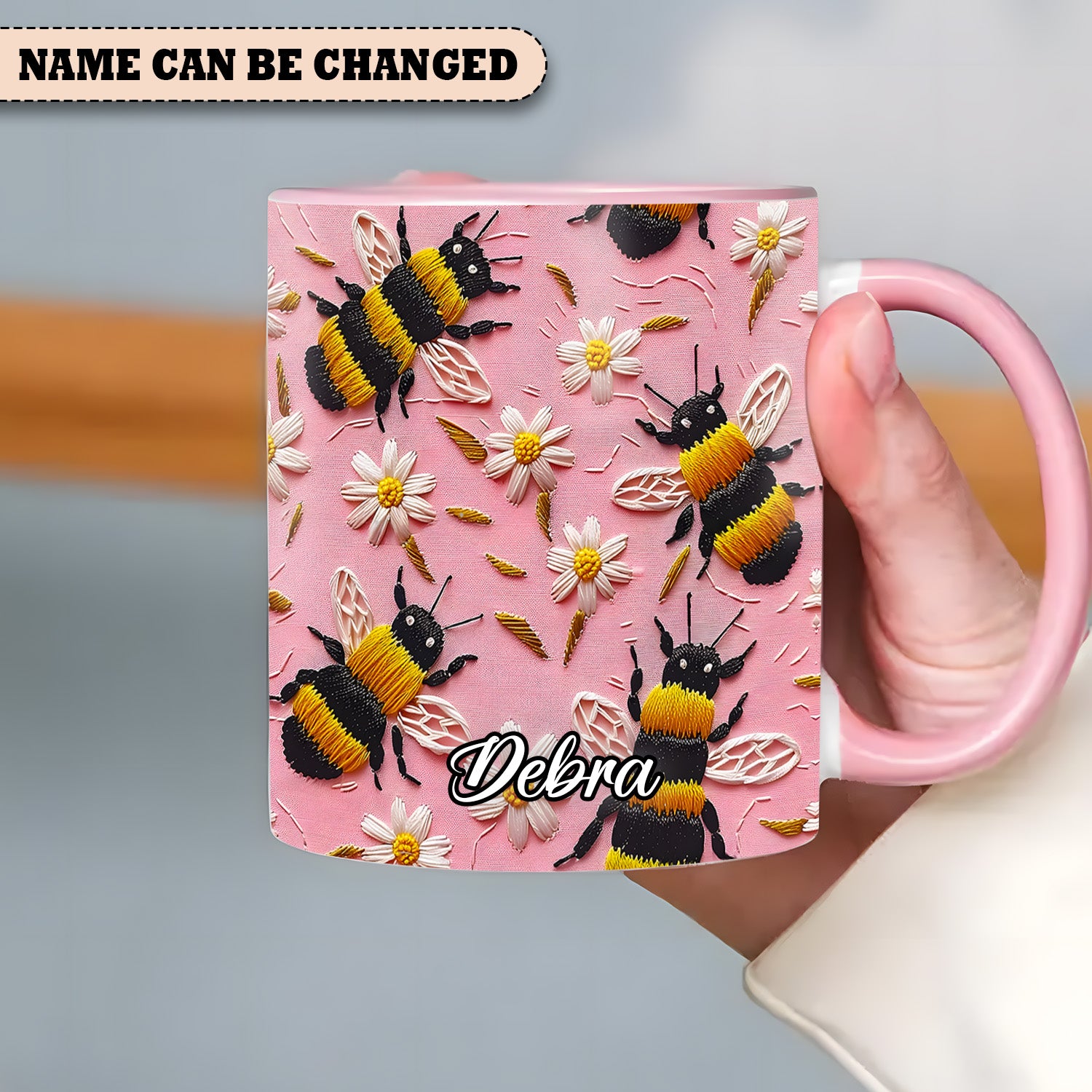 Embroidered Style Personalized Bee & Daisy Accent Mug Bee Merchandise - Image 5