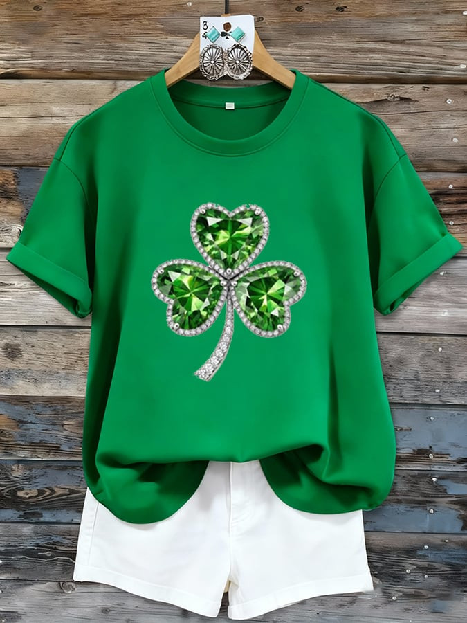 Green Sparkle Shamrock T Shirt St Patrick's Day Clover Shirt Green Clover Irish Tee Gift