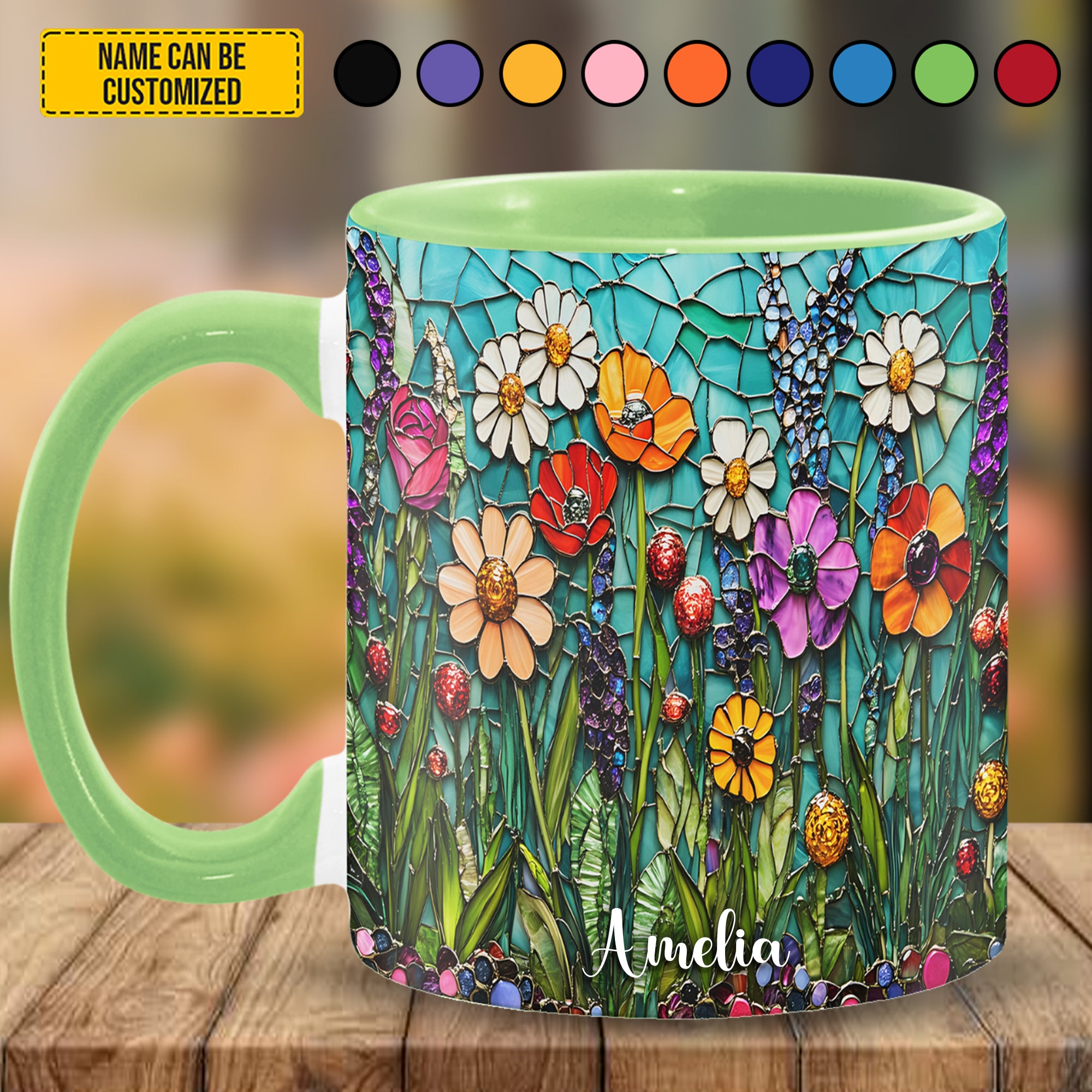 Personalized Accent Mug Beautiful Stained Glass Wildflower Gift For Floral Enthusiasts