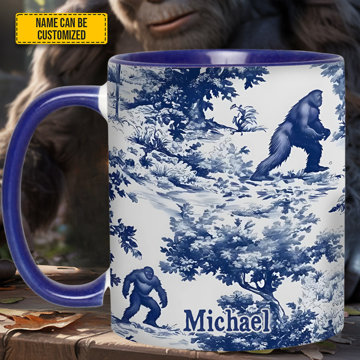 Personalized Accent Mug Bigfoot Sasquatch Print Forest Toile Funny Bigfoot Gifts For Him