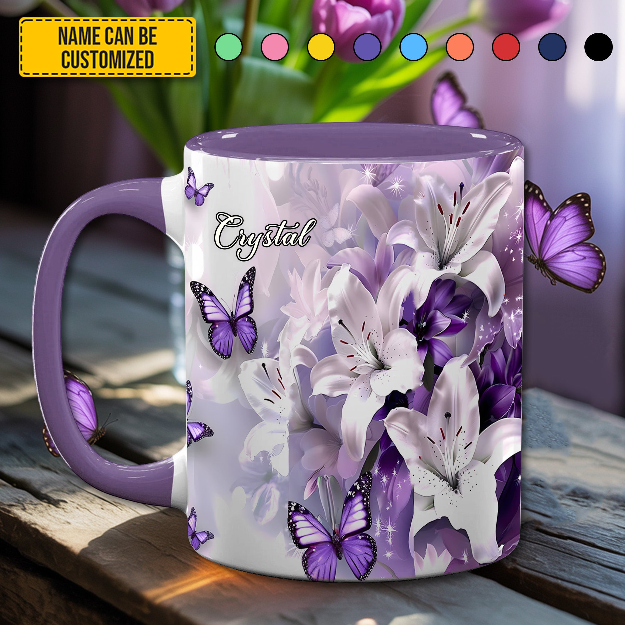 Personalized Accent Mug Purple Butterfly Flowers Presents For Butterfly Lovers Women - Image 4