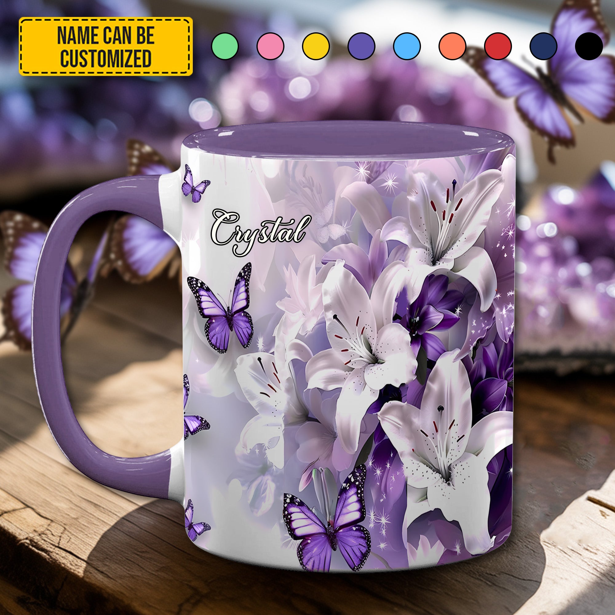 Personalized Accent Mug Purple Butterfly Flowers Presents For Butterfly Lovers Women - Image 2
