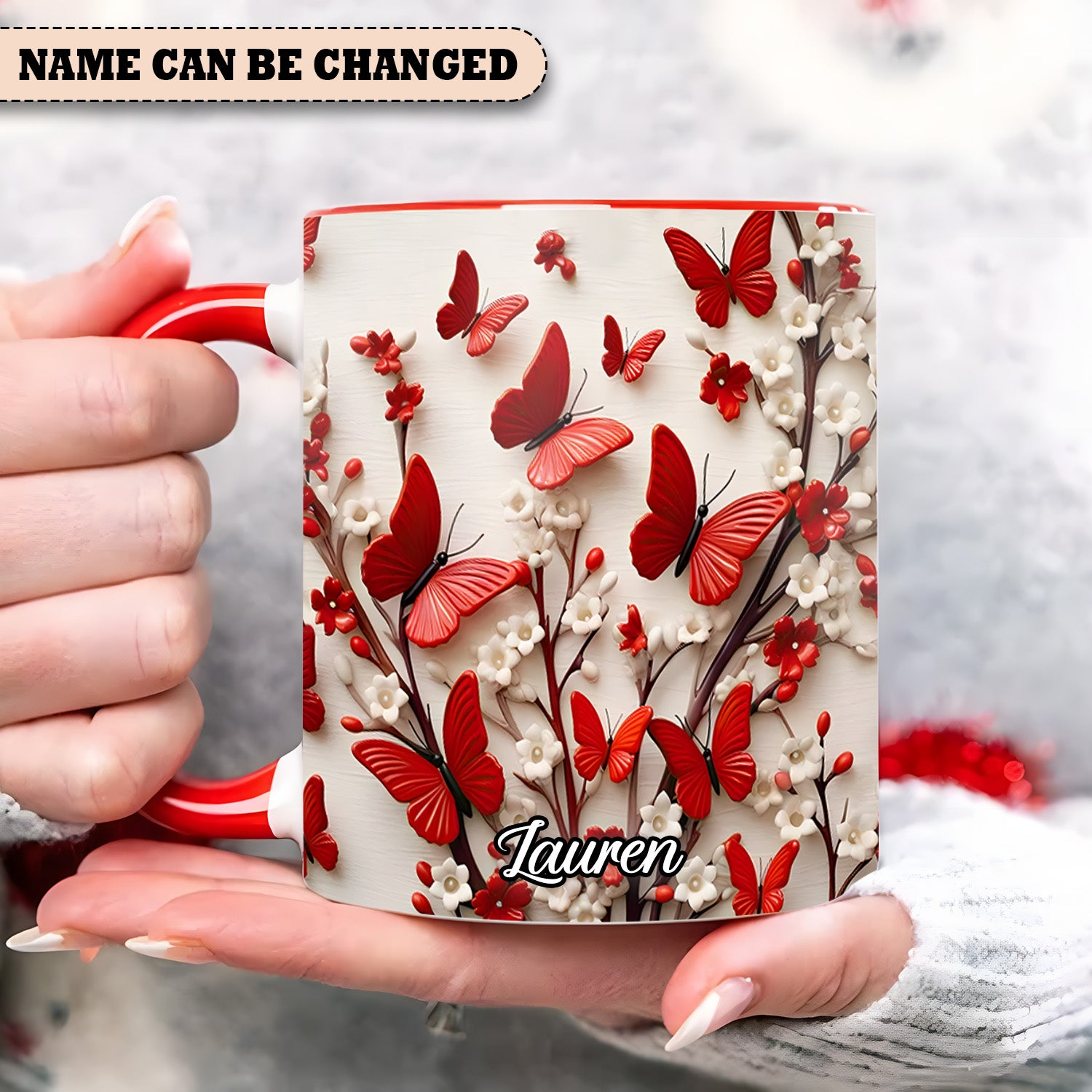 Personalized Accent Mug Red White Butterfly Flowers Accent Mug Novelty Butterfly Presents